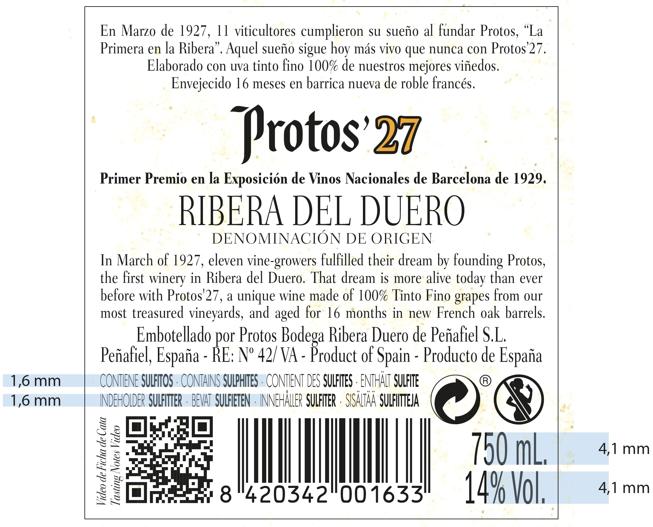 Protos 27, Vino Tinto, Tempranillo, Vino insignia de la bodega, DO Ribera del Duero - botella 750ml