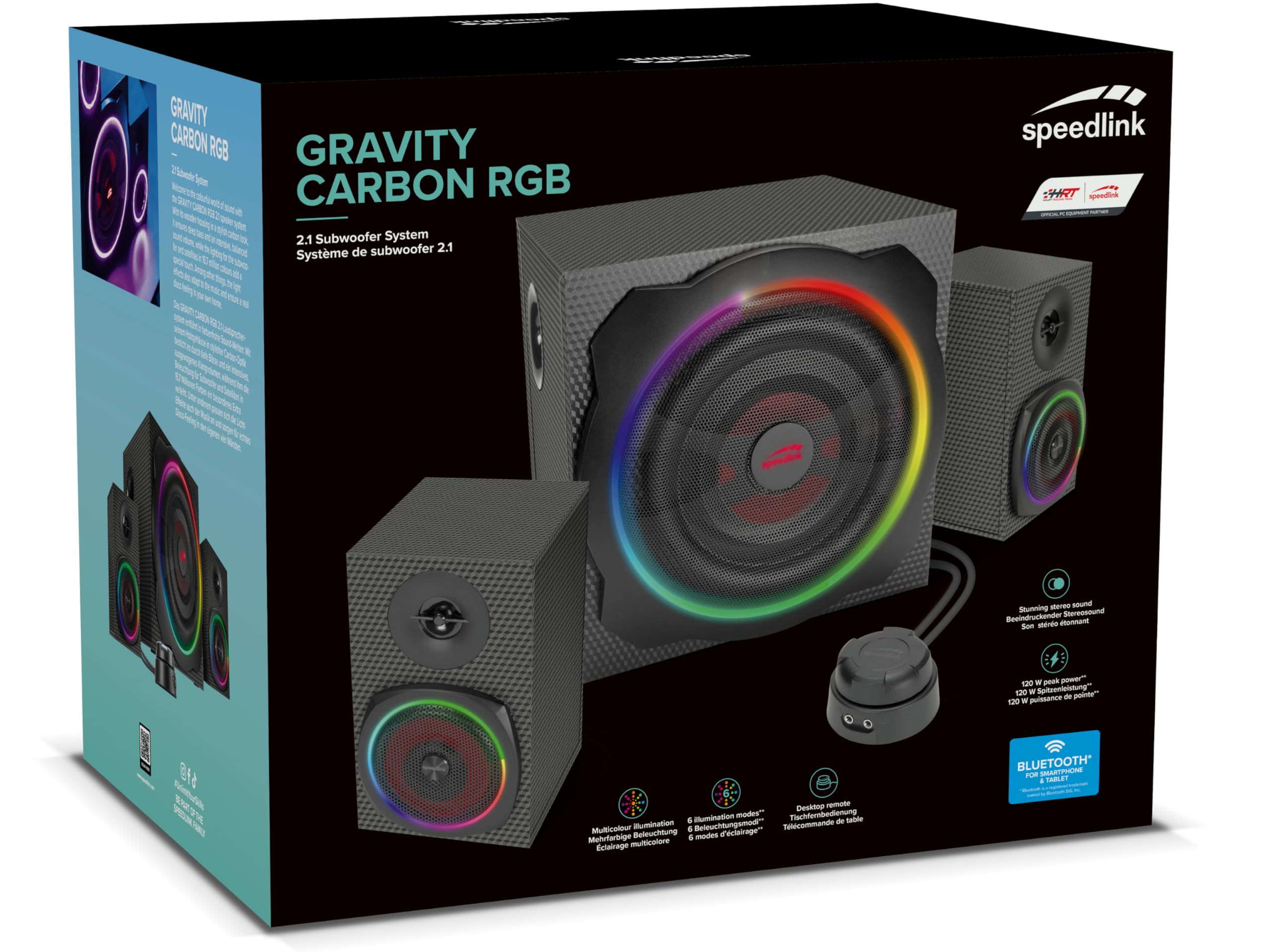 Speedlink GRAVITY CARBON RGB 2.1 Système audio Bluetooth - Haut-parleurs PC avec caisson de basses en bois, actifs 120 watts, prise jack 3,5 mm, AUX, télécommande de table, noir