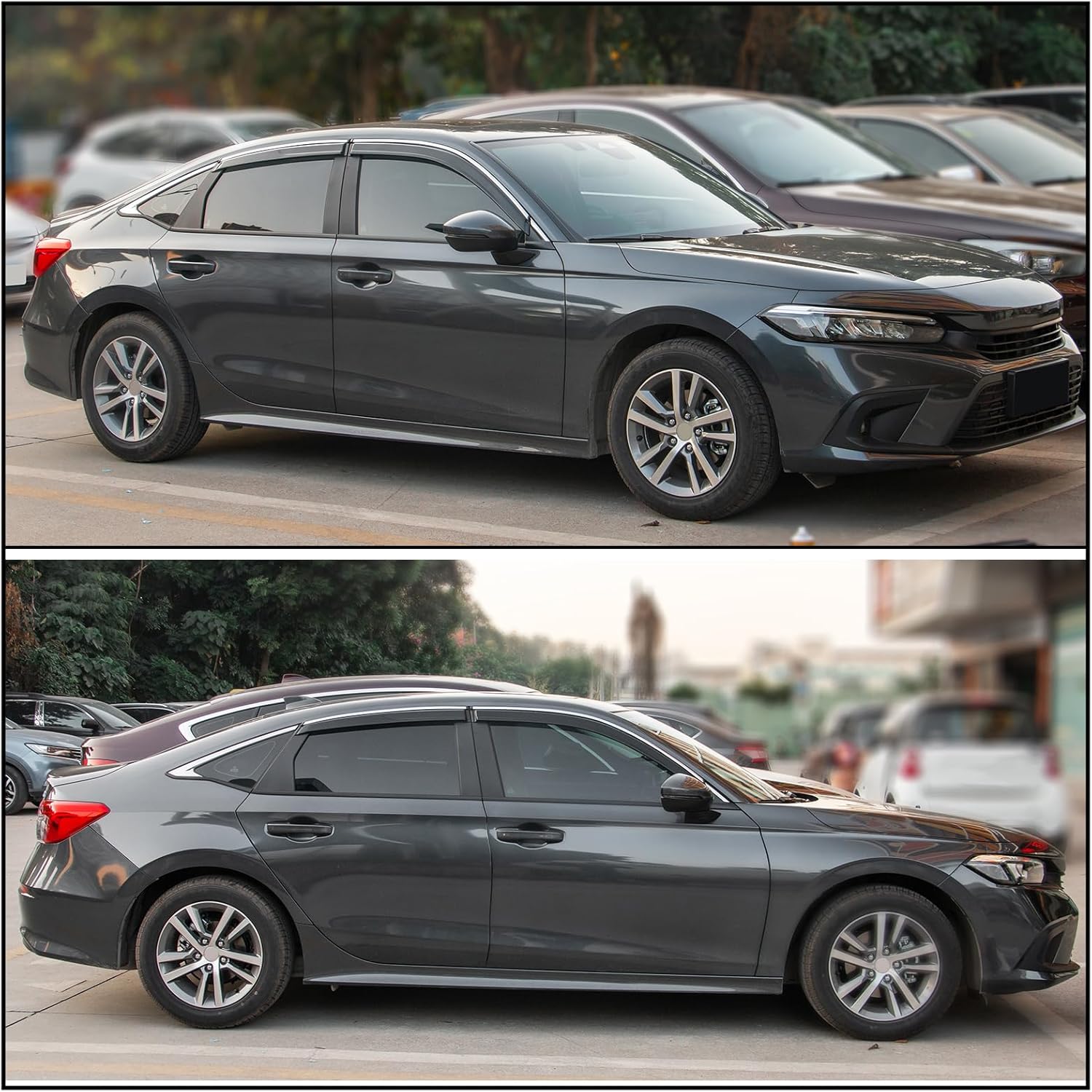 IKON MOTORSPORTS, Window Visors Compatible with 2022-2026 Honda Civic Sedan, Tape On Smoke Sun Rain Wind Window Guard with Chrome Sun Shade Deflector 2.2mm 4PCS