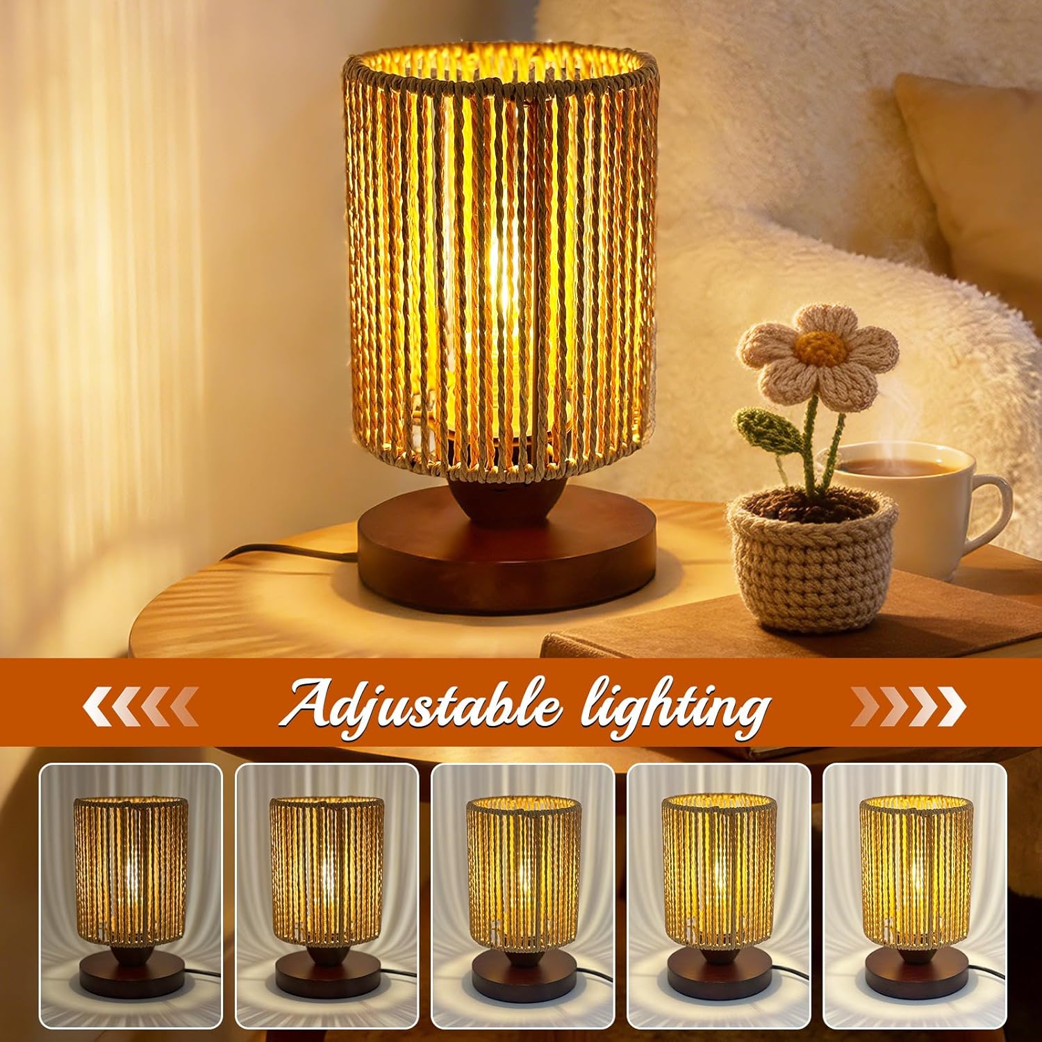 Smal Rattan Table Lamp,Dimmable Boho Bedside Lamp,Vintage Wicker Wooden Nightstand Ambient Nihgt Light,Handmade Bamboo Woven End Table Lamps for Room Bedroom Living Room Office Decor(Bulb Included)