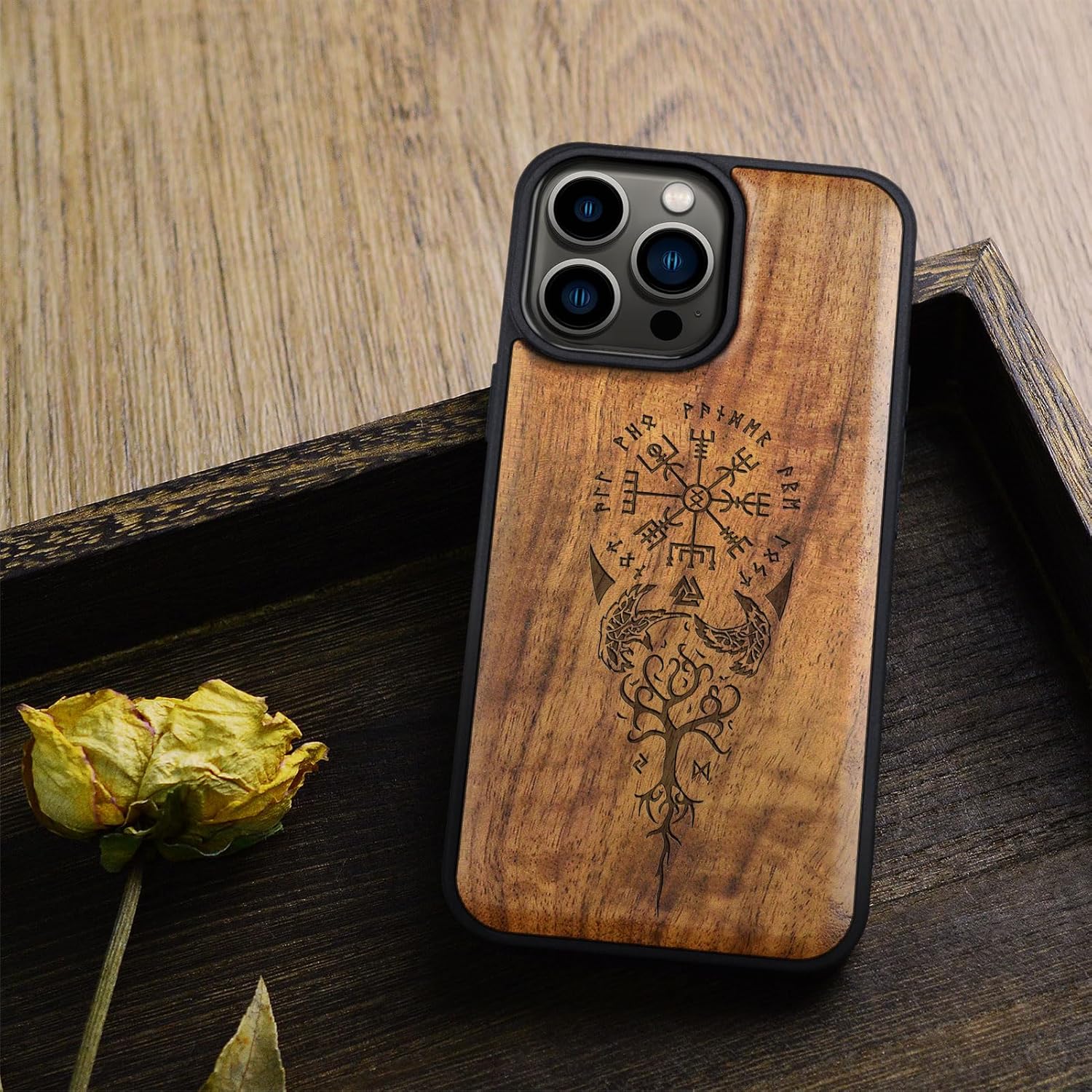 Carveit Magnetic Wooden Case for iPhone 15 Pro Max Case, Compatible with MagSafe Wireless Chargers, Black Soft TPU Shockproof Cover & Wood Artisan Engraved (Viking Compass Vegvisir) - Walnut
