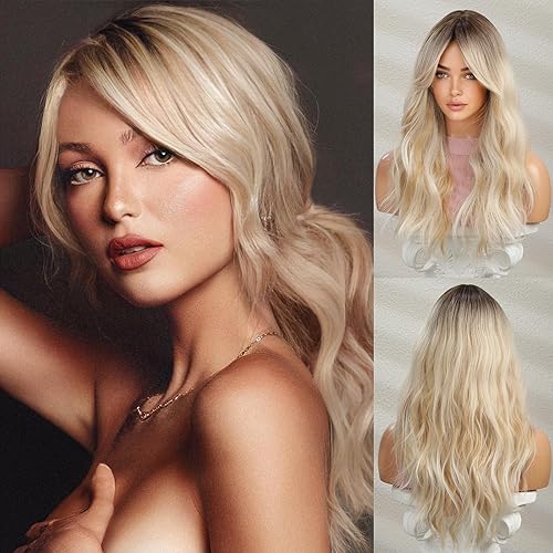 Honygebia Wavy Blonde Wig with Bangs - Ombre Curtain Bang Wigs for Women, Long Wave Ash Blond Dark Roots Hair, Synthetic Heat Resistant Natural Cute Wig for Halloween/Christmas/Cosplay/Costume/Party - Blonde Curtain Bangs