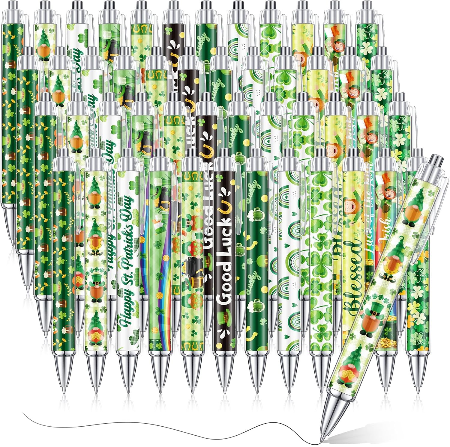 Cholemy 48 Pieces St. Patrick's Day Pens Bulk Lucky Shamrock Ballpoint Pen Retractable Irish Green Clover Black Ink for St. Patrick's Day Party Gift Supplies Favors