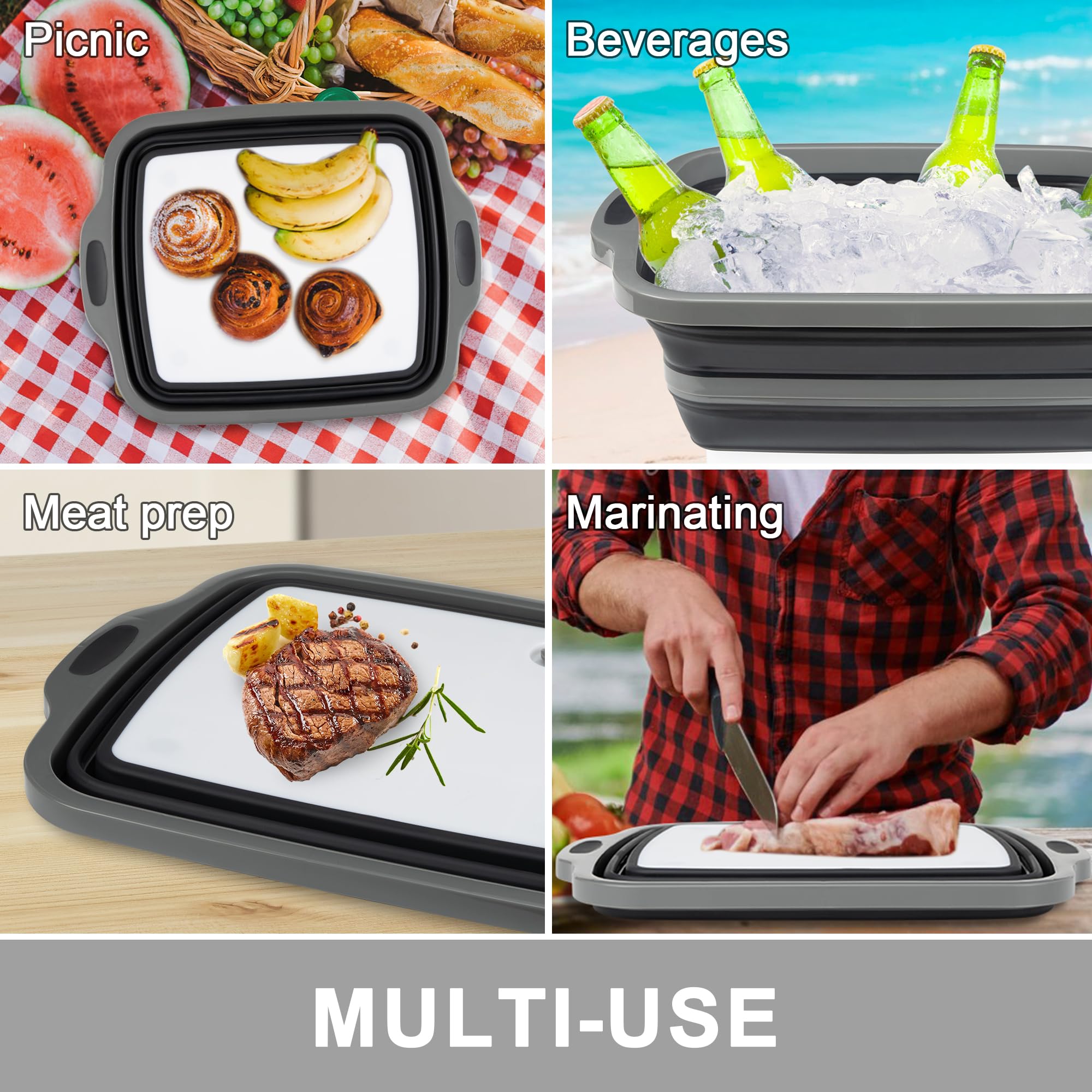 Tiawudi Große Faltbare Grill-Vorbereitungswanne mit Deckel (16 l), Faltbare Campingspüle mit Sieb, Schneidebrett, Geschirrbecken für Küche, Schüssel, Gemüse und Obst, Aufbewahrungskorb für Picknick
