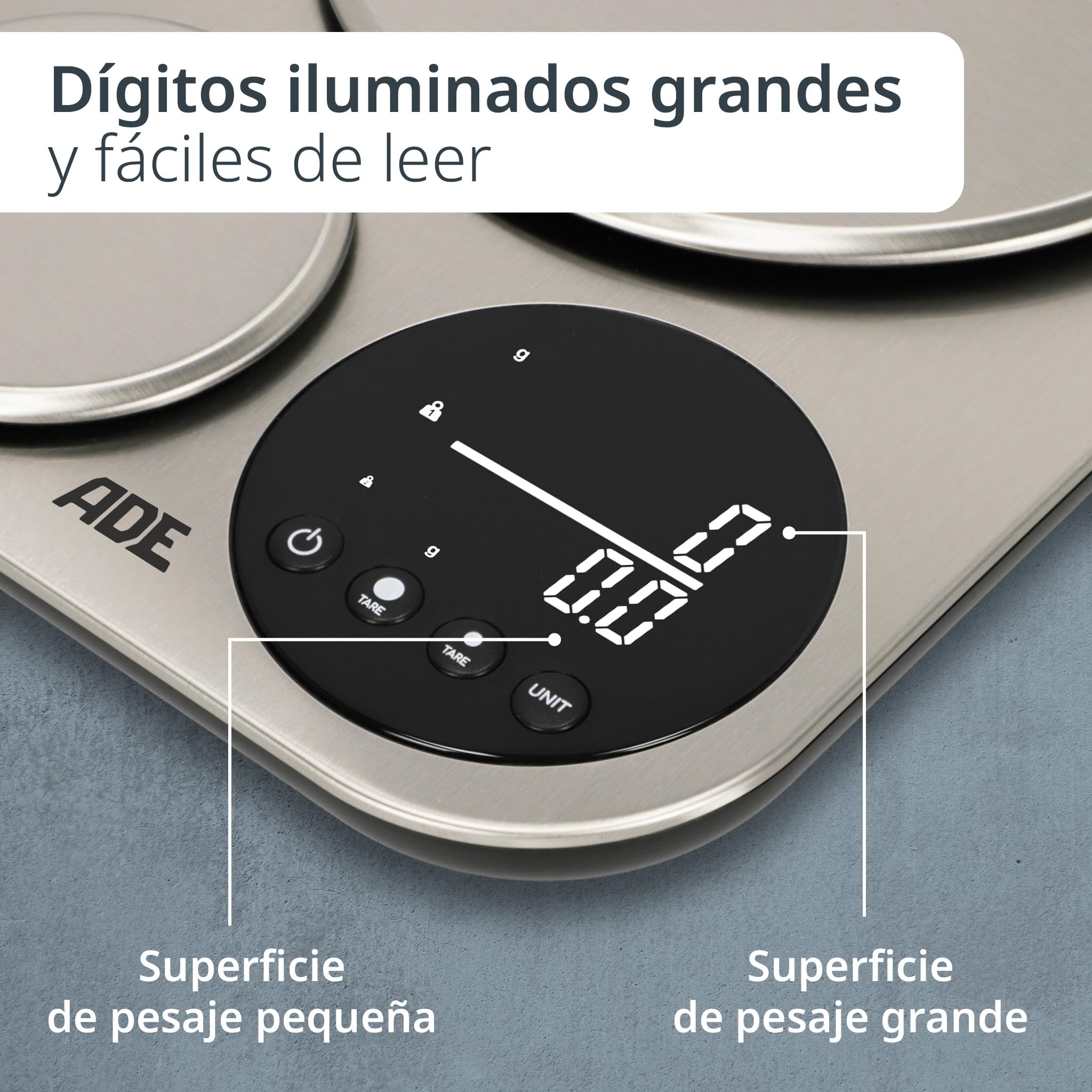 ADE Bascula de cocina digital con 2 plataformas 5kg/1g & 500g/0,1g | balanza de precisión exacta hasta 0,1g | balanza fina para la cocina | perfecta como balanza de café o para pan | 5 kg de capacidad