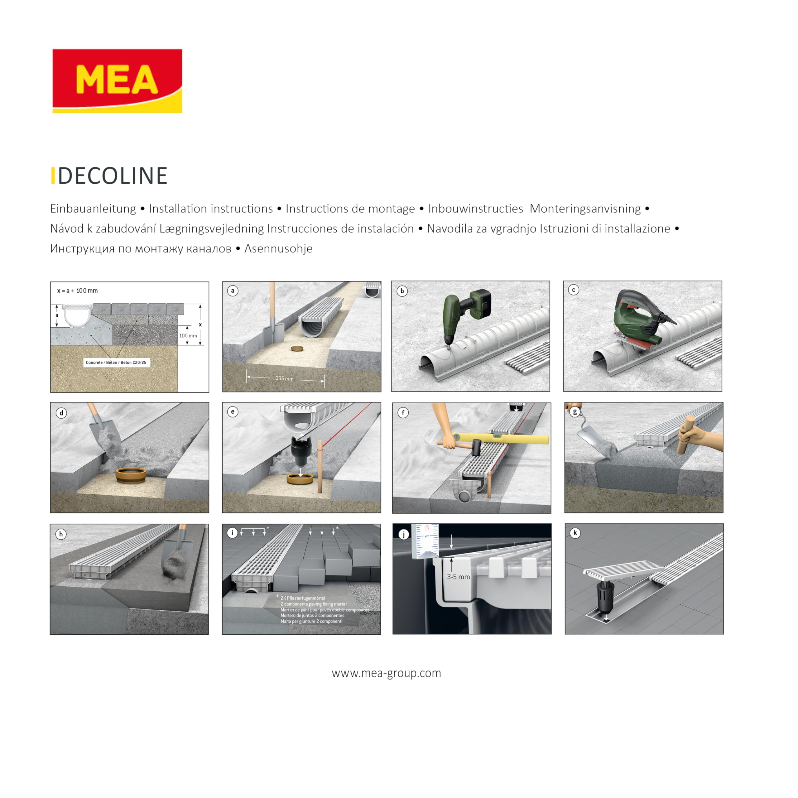 MEA Pack de 6 Caniveaux Extérieurs DECOLINE – Grille en Plastique Recyclé Gris – Drainage Terrasse, Piscine, Jardin – Classe A15 Piéton – Largeur utile 10 cm