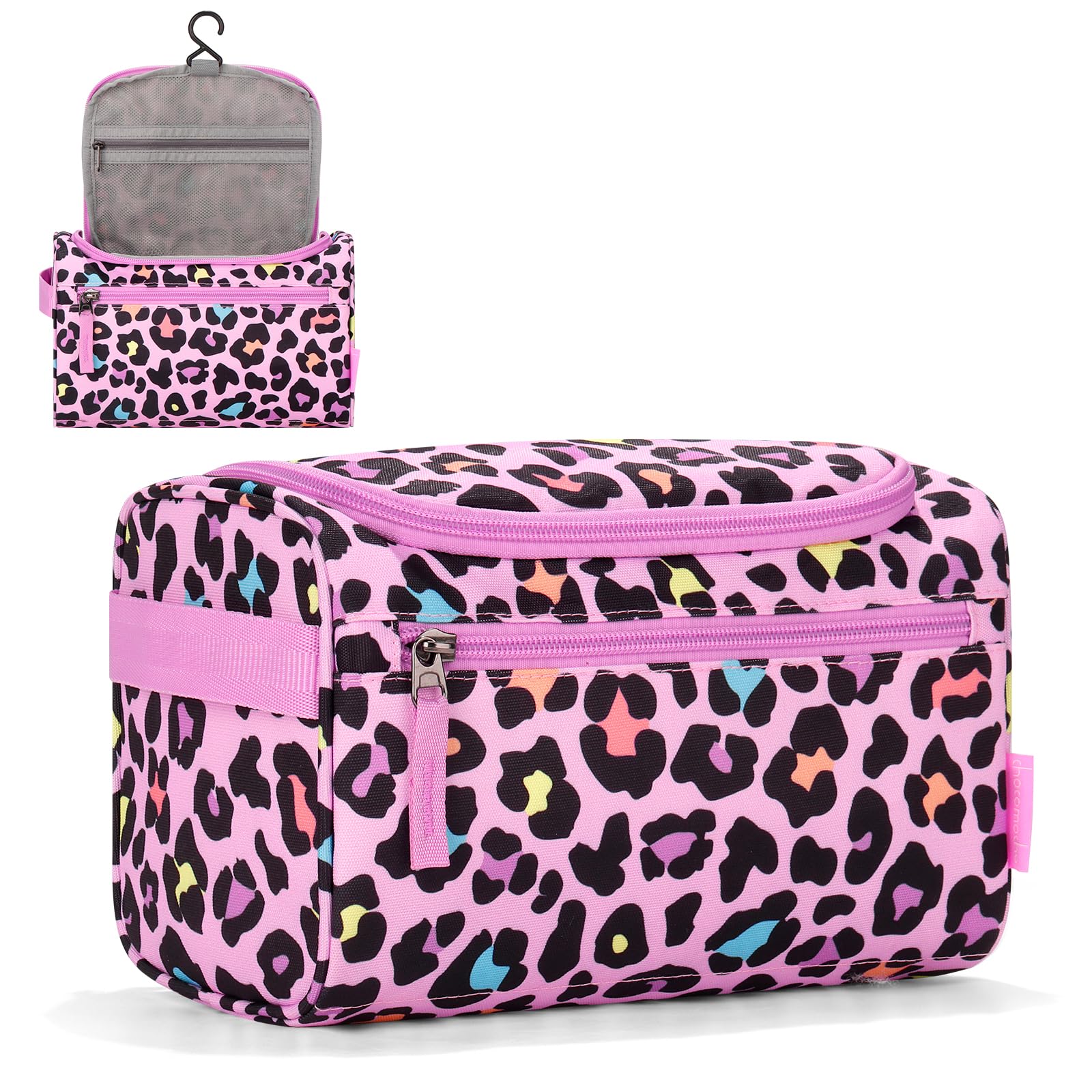 Choco Mocha Kids Toiletry Bag for Girls, Travel Hanging Waterproof Cute Toiletry Bag for Teens Girls Christmas Gifts, Cheetah, Pink