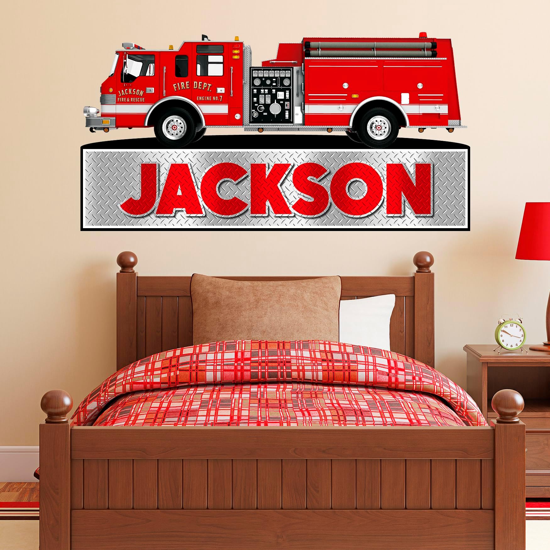 Fire Truck Engine Name Wall Decal Sticker Art with Personalized Custom Name for Boys Rooms-Firefighter Theme Bedroom Decor, Fireman Decorations for Kids, Teens, Grandson, Grandchild