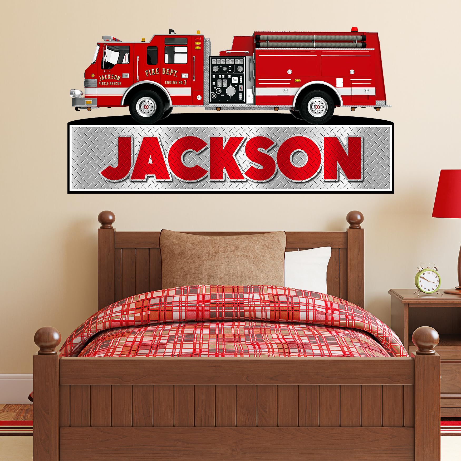 Fire Truck Engine Name Wall Decal Sticker Art with Personalized Custom Name for Boys Rooms-Firefighter Theme Bedroom Decor, Fireman Decorations for Kids, Teens, Grandson, Grandchild