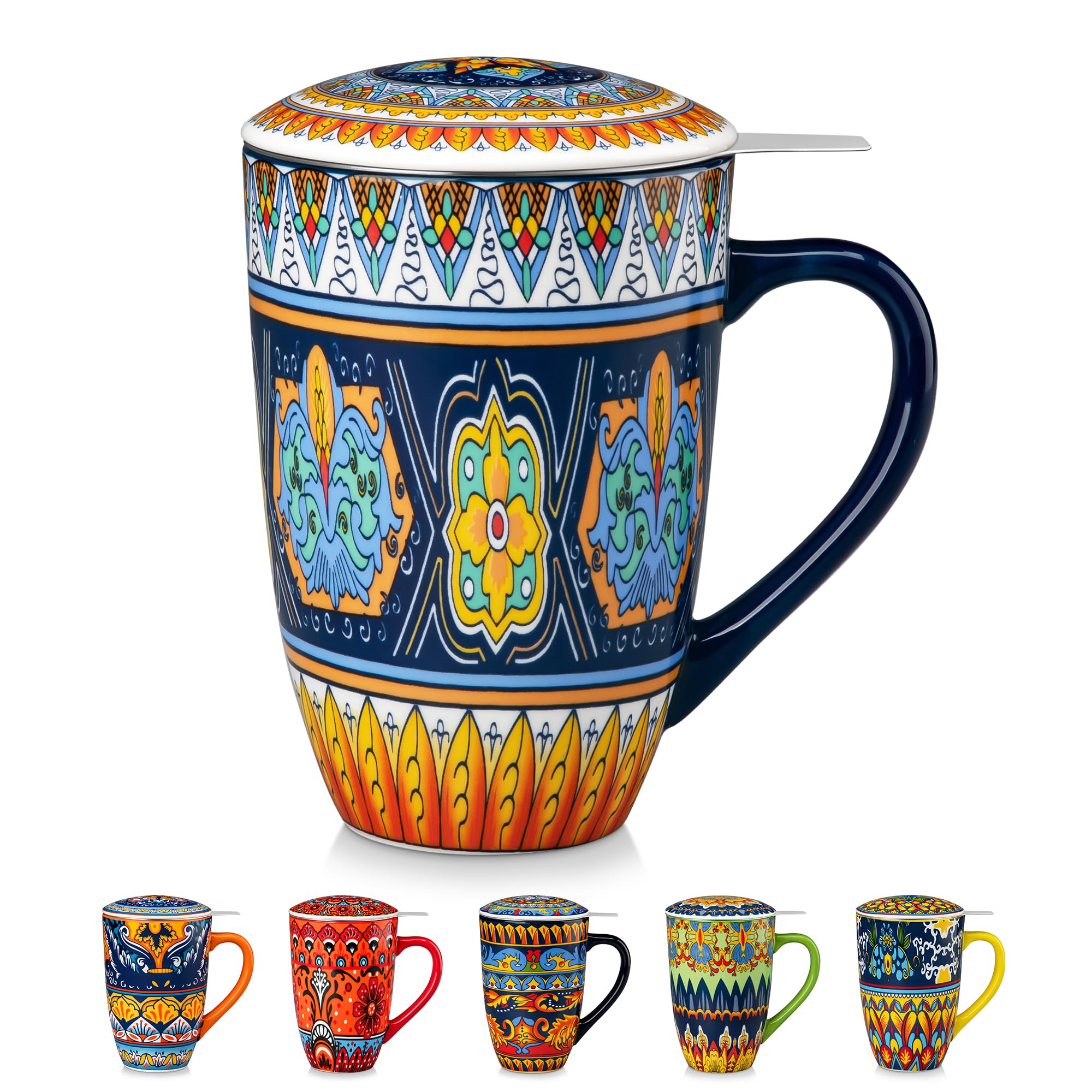 vancasso KRVI Tea Mug with Infuser and Lid, 540ml Porcelain Coffee Cup with Handle, Bohemian Style Tea Infuser Mug for Loose Tea, Fruit Tea, Flower Tea, Microwave & Dishwasher Safe, Berber Mosaic