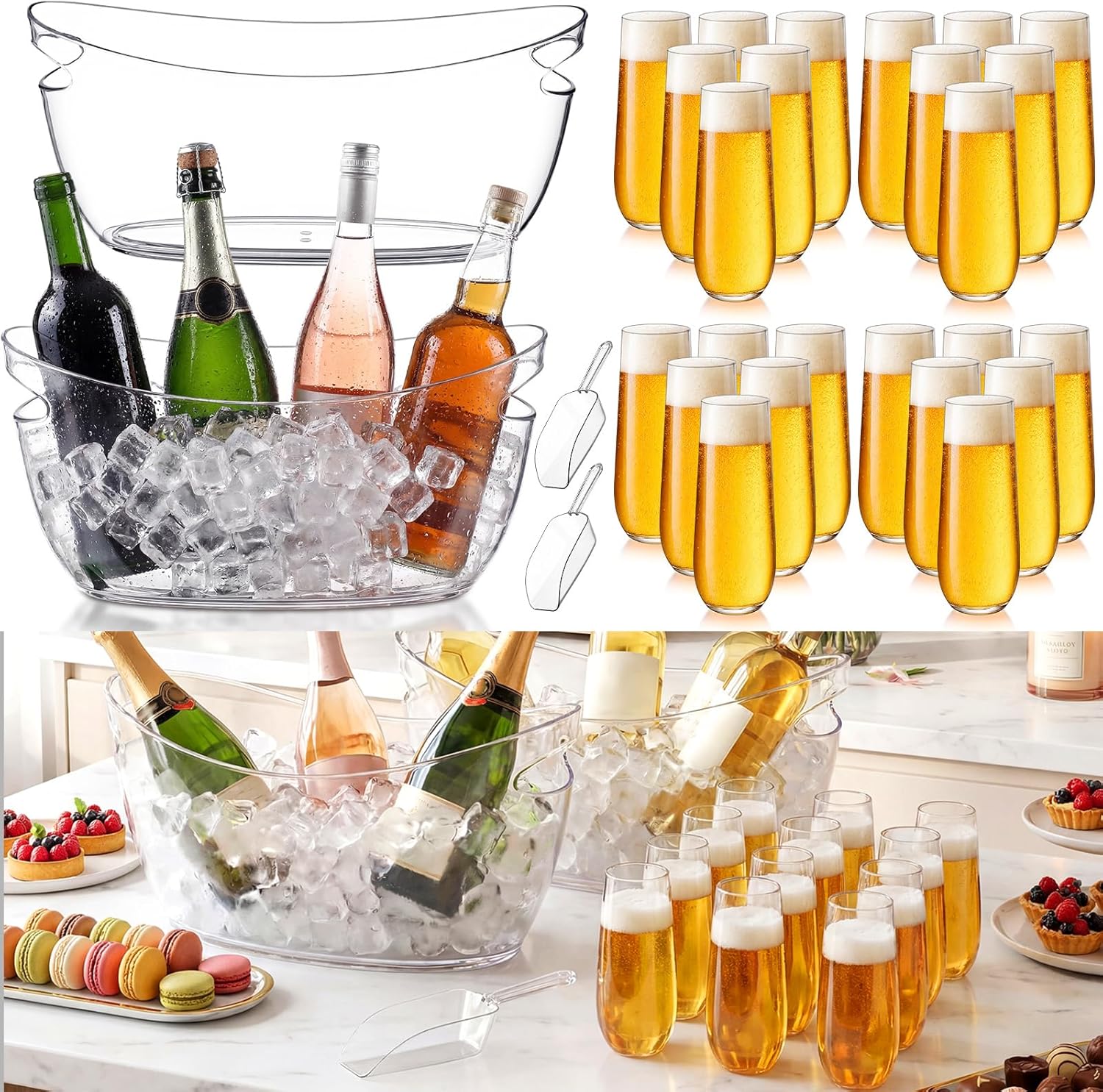 meekoo 26 Pack Mimosa Bar Supplies Set 2 Pcs 5.5l Acrylic Ice Bucket and 24 Pcs 9oz Champagne Flutes Large Ice Tub Drinkwares with Scoops for Wedding, Parties, Holiday Events, Bar Use(Modern)