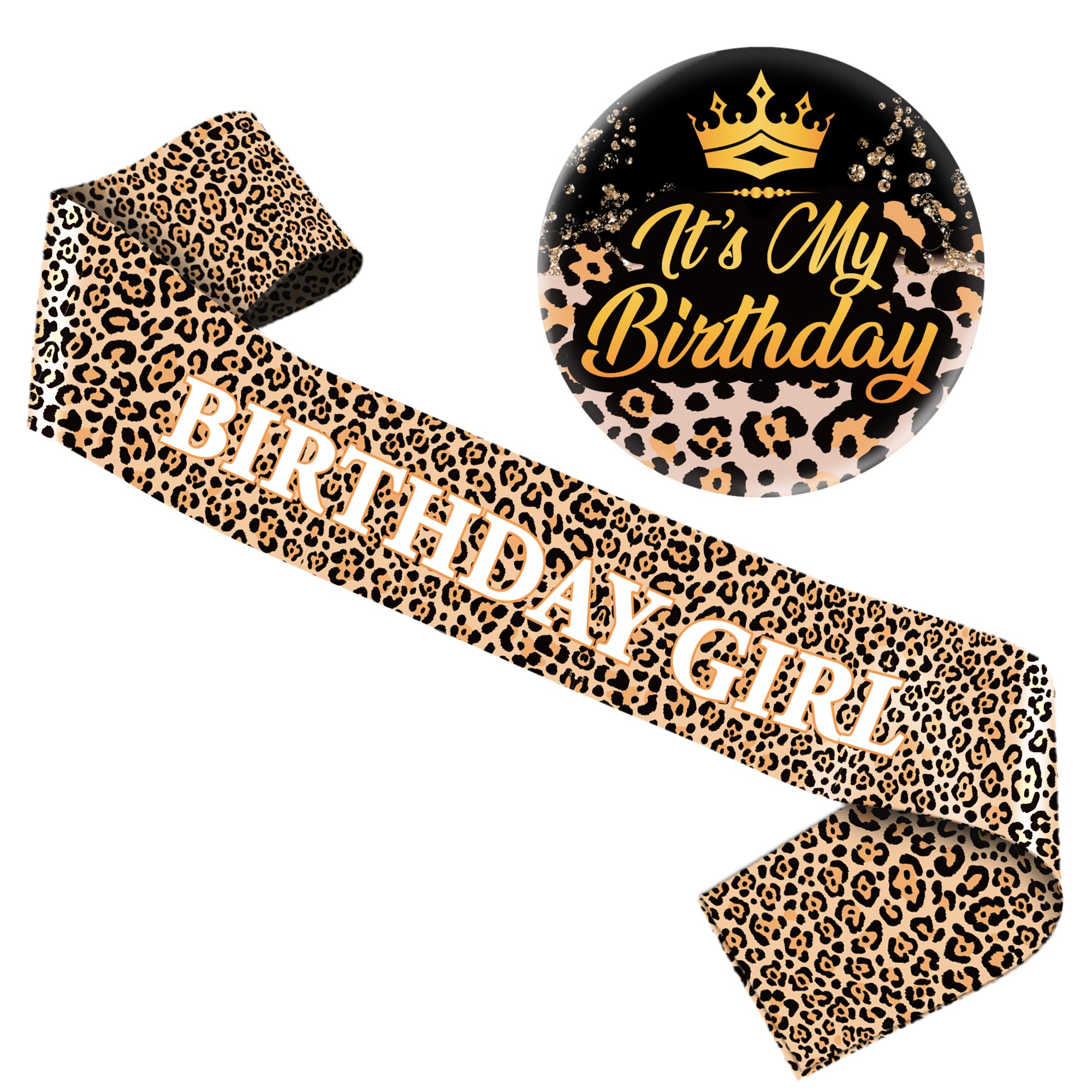 Leopard Print Birthday Decorations Set - 2 Pcs Wild Animal themed Cheetah Print Sash It’s My Birthday Badge Decoration for Women Girls Safari Leopard Party Decor Accessories Gift