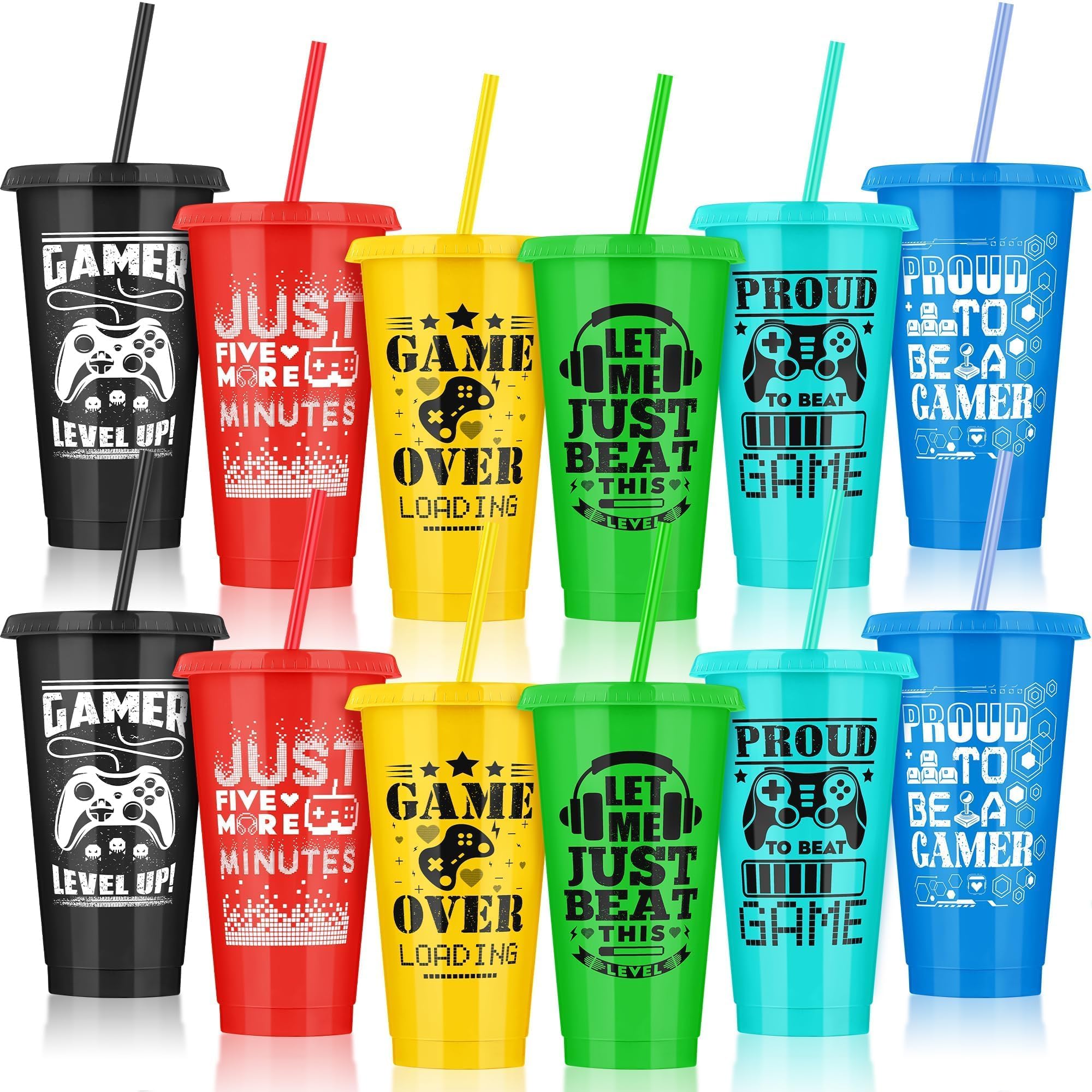 Kochorie 12 Pieces Video Game Plastic Cups 24 Ounces Gaming Party Cups with Lids and Straws Mixed Colors Video Game Tumbler Cups for Birthday Party
