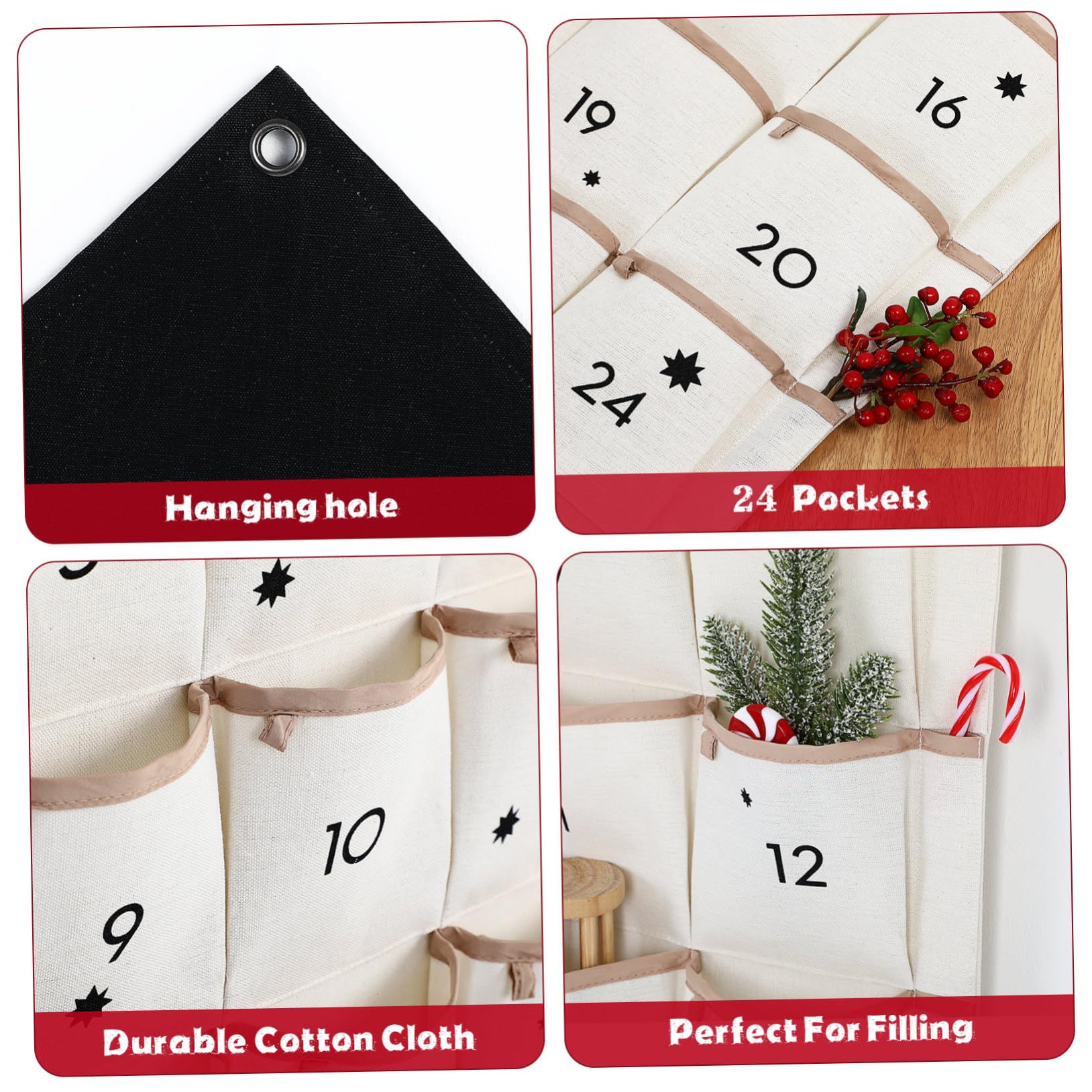 BESPORTBLE Adventskalender zum Befüllen Weihnachtskalender mit Aufbewahrung Taschen Countdown Kalender Weihnachtsschmuck Türschild Geschenke für Xmas Weihnachten Wohnzimmer Wanddeko