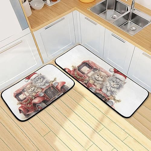 Miniatura 2 de Juego de 2 tapetes de cocina para piso, diseño de gatos de Navidad, con estampado de automóvil, antideslizantes, acolchados, absorbentes de agua,