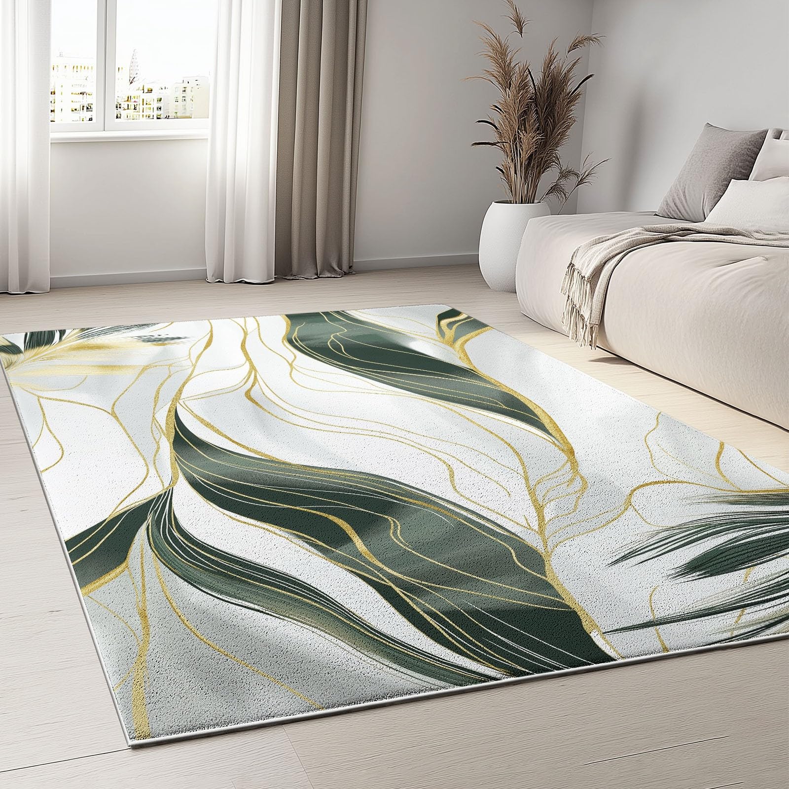 Plant Texture Carpet 3 x 4 ft Area Rug for Living Room, Indoor Carpet for Bedroom - Washable Non-Slip Abstract Olive Green Palm Leaves Print Kids Rug