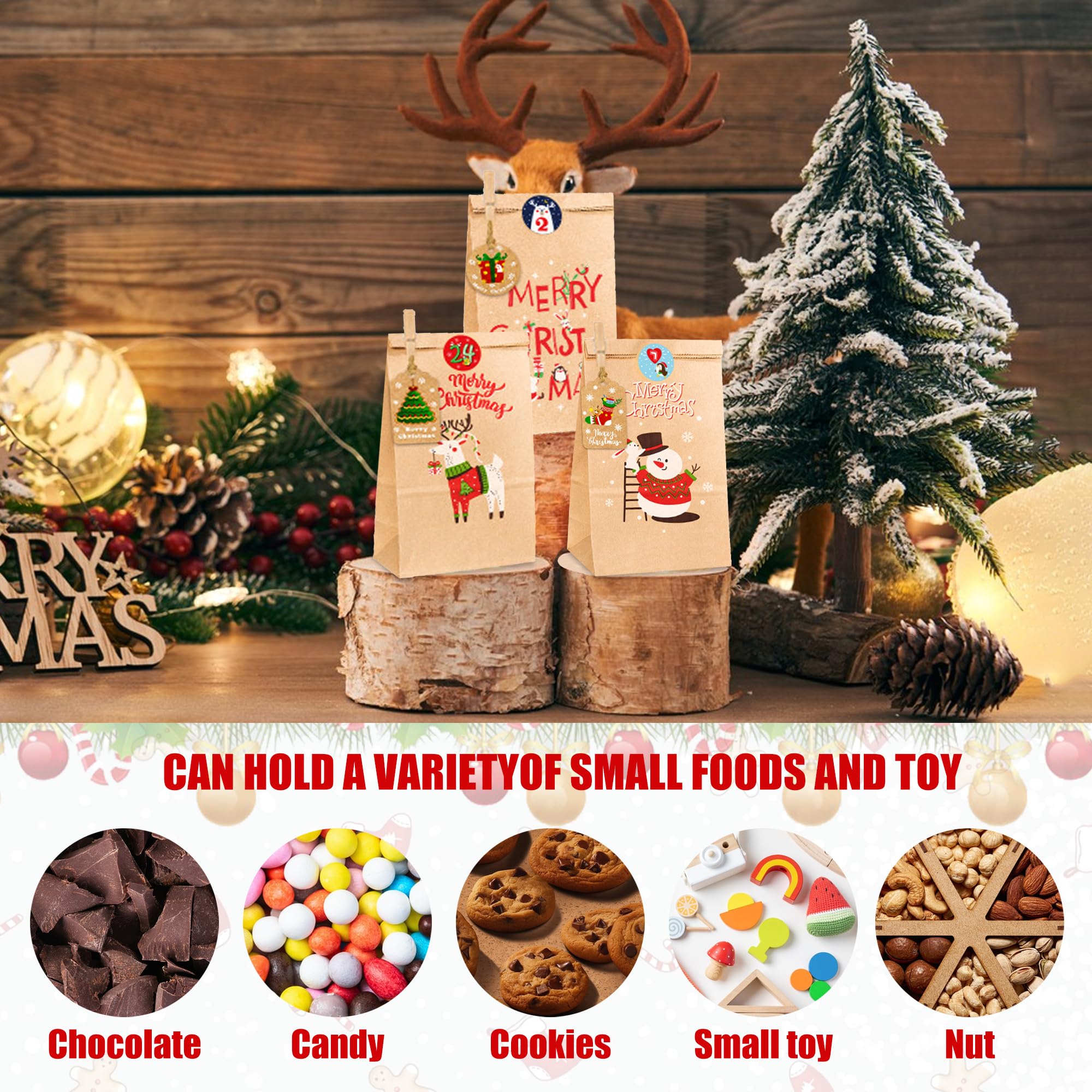 24 Calendrier de l'Avent Sac en Tissu pour Noël Pochette avec Ficelles Jutes Pinces Compte à Rebours de Noël Sacs Surprise Décoration Noël