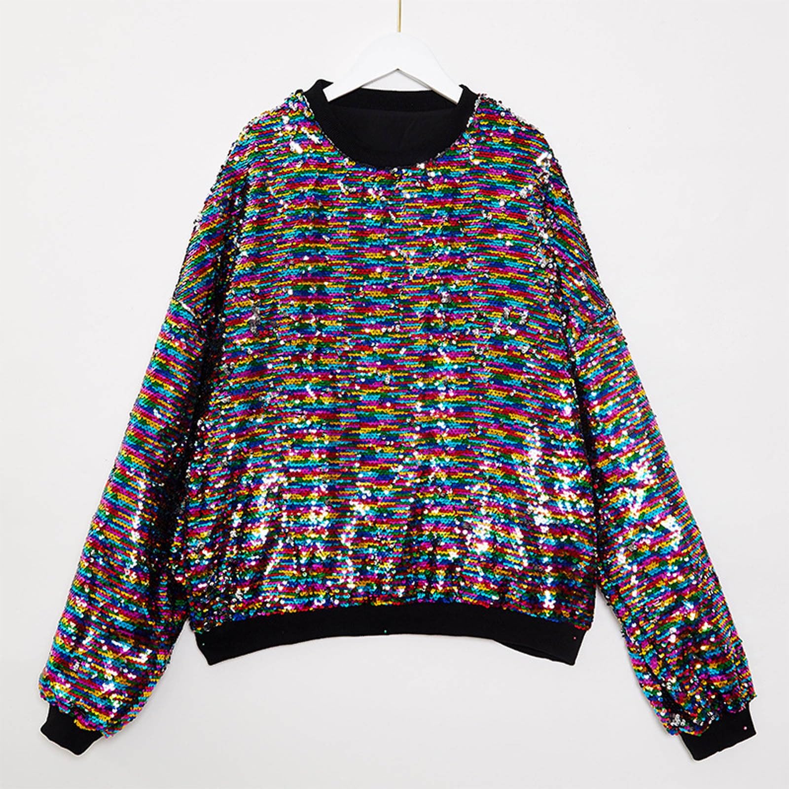 Generisch Sudadera reversible con purpurina con cuello redondo, suéter de fiesta para festivales, camiseta informal de manga larga, prenda llamativa