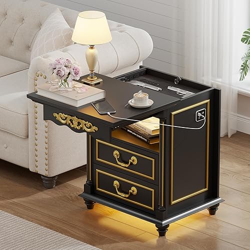 Gurexl Mesita de noche de granja con cajón para armas, mesita de noche vintage de 20 pulgadas con luces LED y estación de carga, mesa auxiliar alta