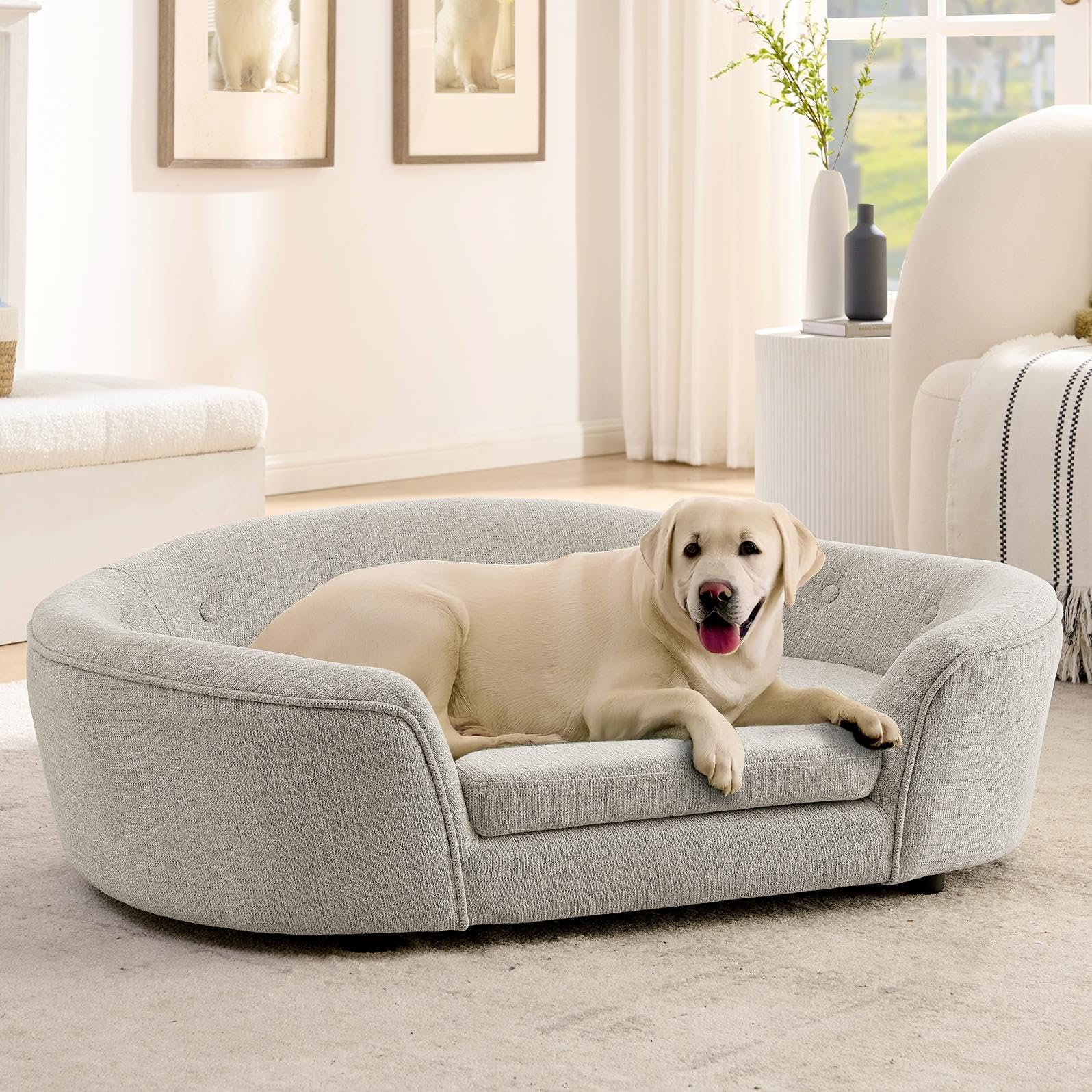 Dog Couch Bed with Oval Semi-Enclosed, Durable Linen Material Pet Sofa with Soft Foam Cushion, Dog Sofa Bed with Legs for Medium Dogs, Beige