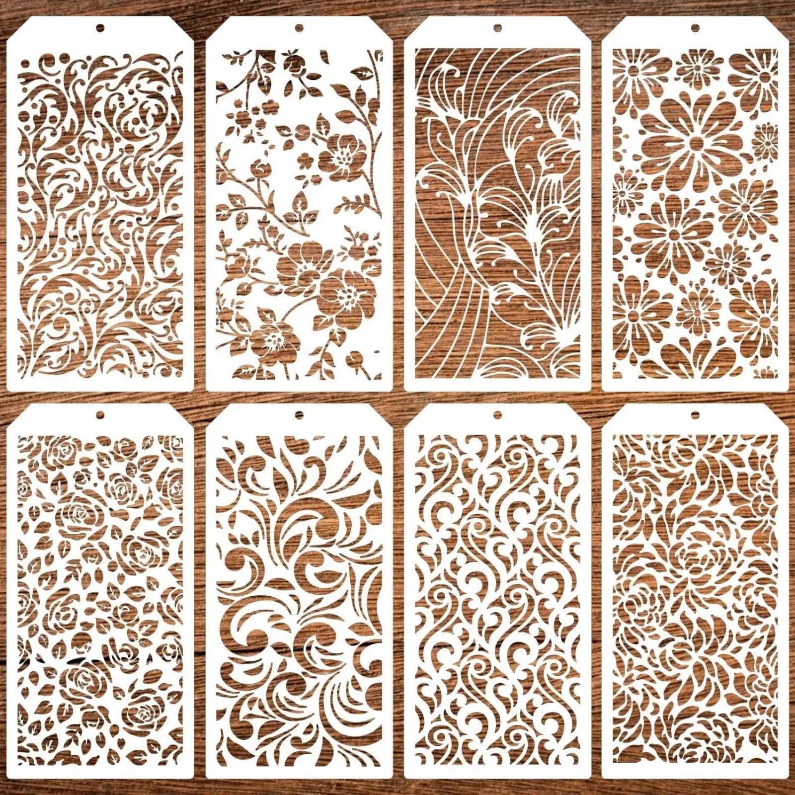 Lot de 8 pochoirs réutilisables pour peinture, 24 x 12 cm, motifs de fleurs, motifs floraux, loisirs créatifs, pour peinture sur bois, mur, porte, toile, décoration d'intérieur