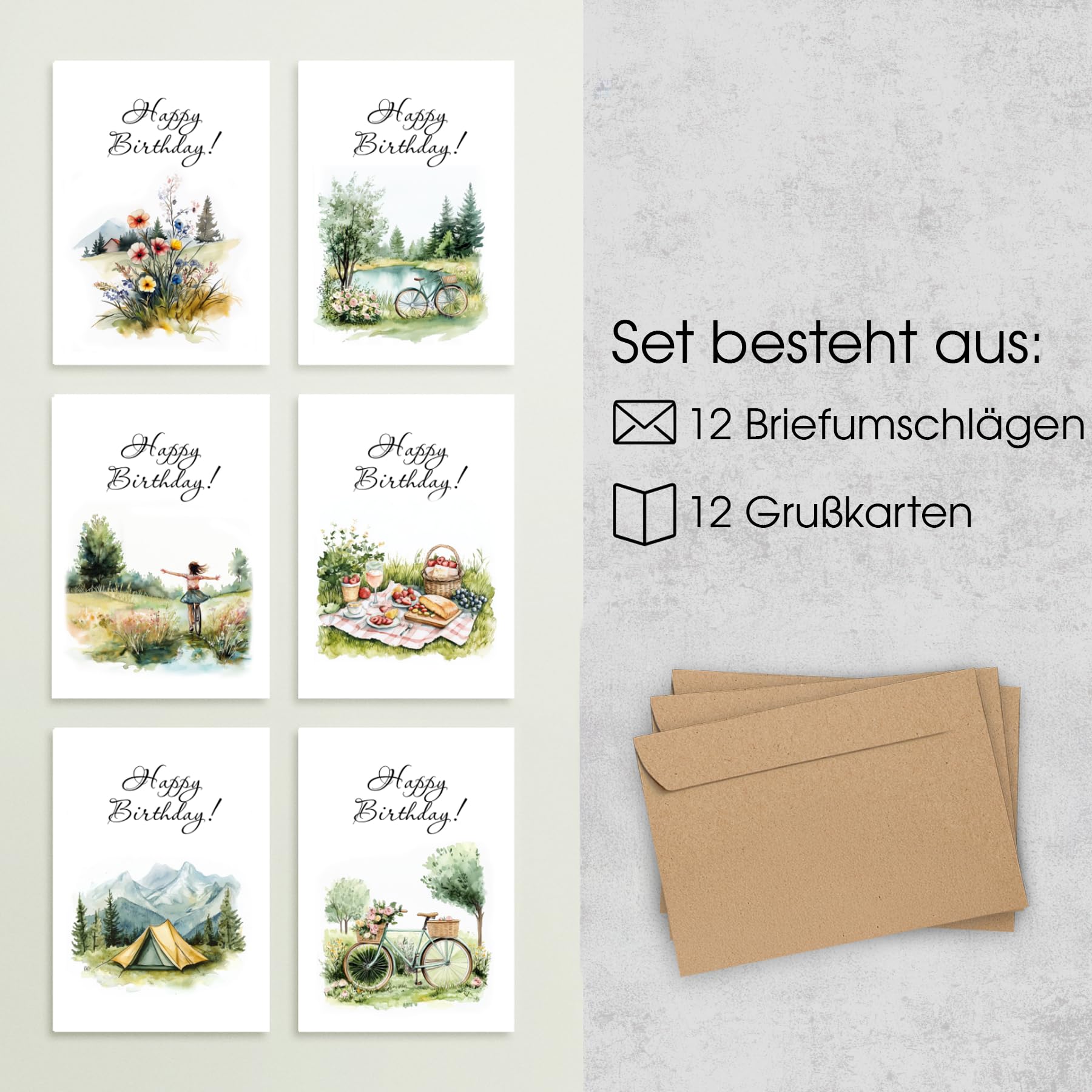 12 Geburtstagskarten Mit Umschlägen – Verschiedene Bunte Designs, Ca. 20 X 14 Cm, Mit Geprägtem Text