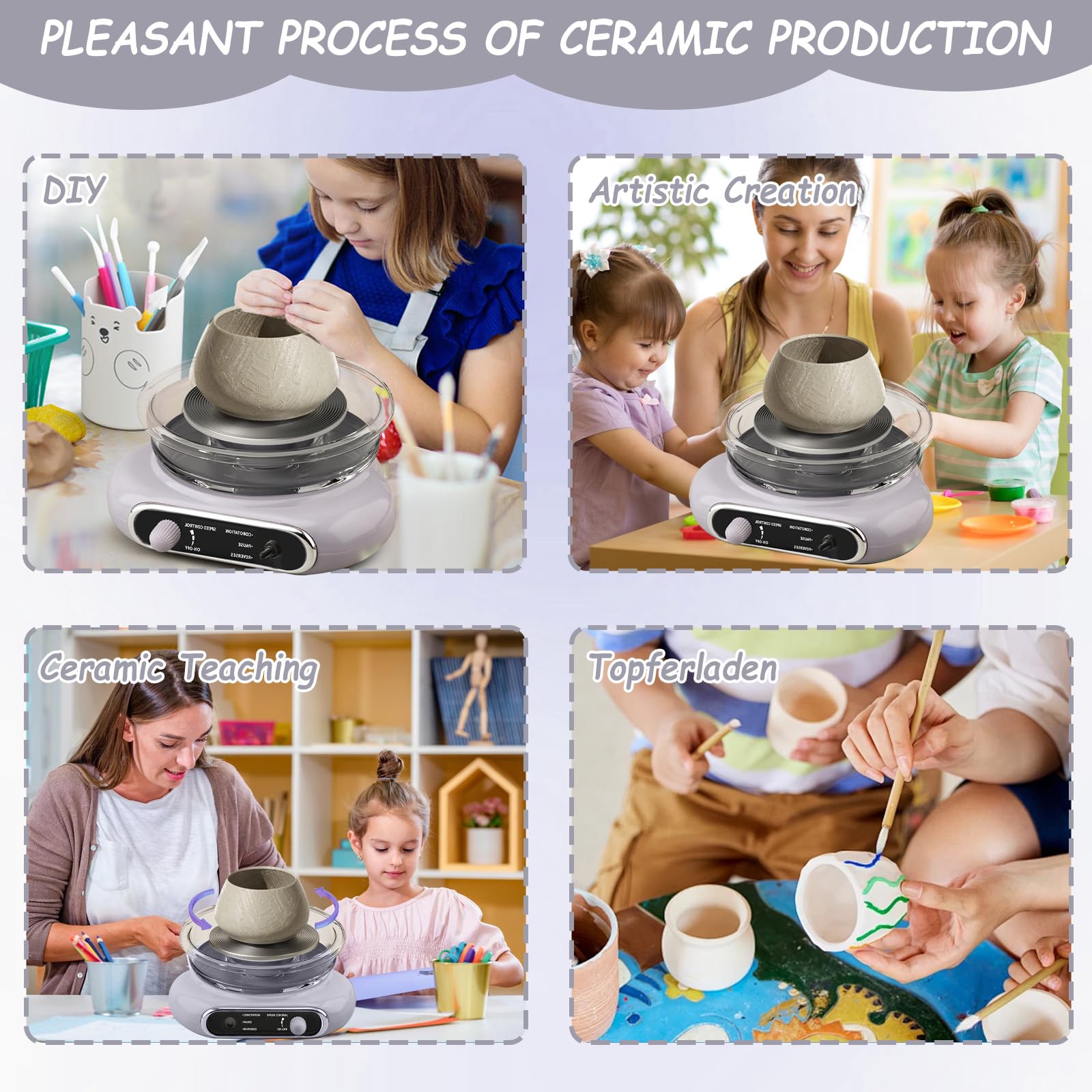 Mini Töpferscheibe, 2000 U/min Töpferscheibe Elektrisch, Einstellbare Geschwindigkeit, 12cm Pottery Wheel mit 8 Stück Bildhauerwerkzeugen, Töpferset Für Zuhause für DIY Bastelprojekte,Lila