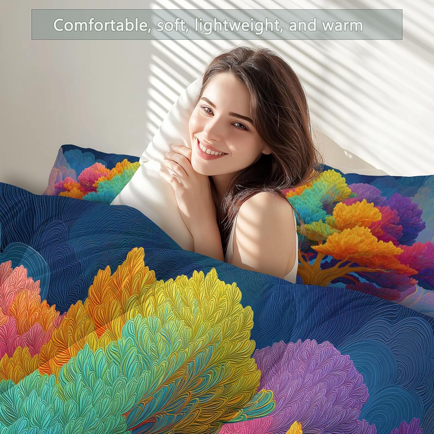 Bedding Set Queen Lightweight Soft 3 Piece Fantasy Rainbow Tree of Life Comforter Set with 2 Pillow Covers, Quilt Breathable Multicolored Comforter (90" x 90") for Girls Boys Kids