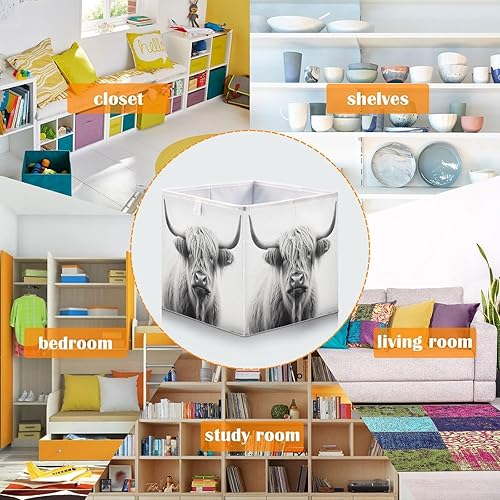 Miniatura 5 de Cesta de almacenamiento plegable de vaca Highland de 11 x 11 x 11 pulgadas, cubo de almacenamiento para decoración del hogar, cestas de