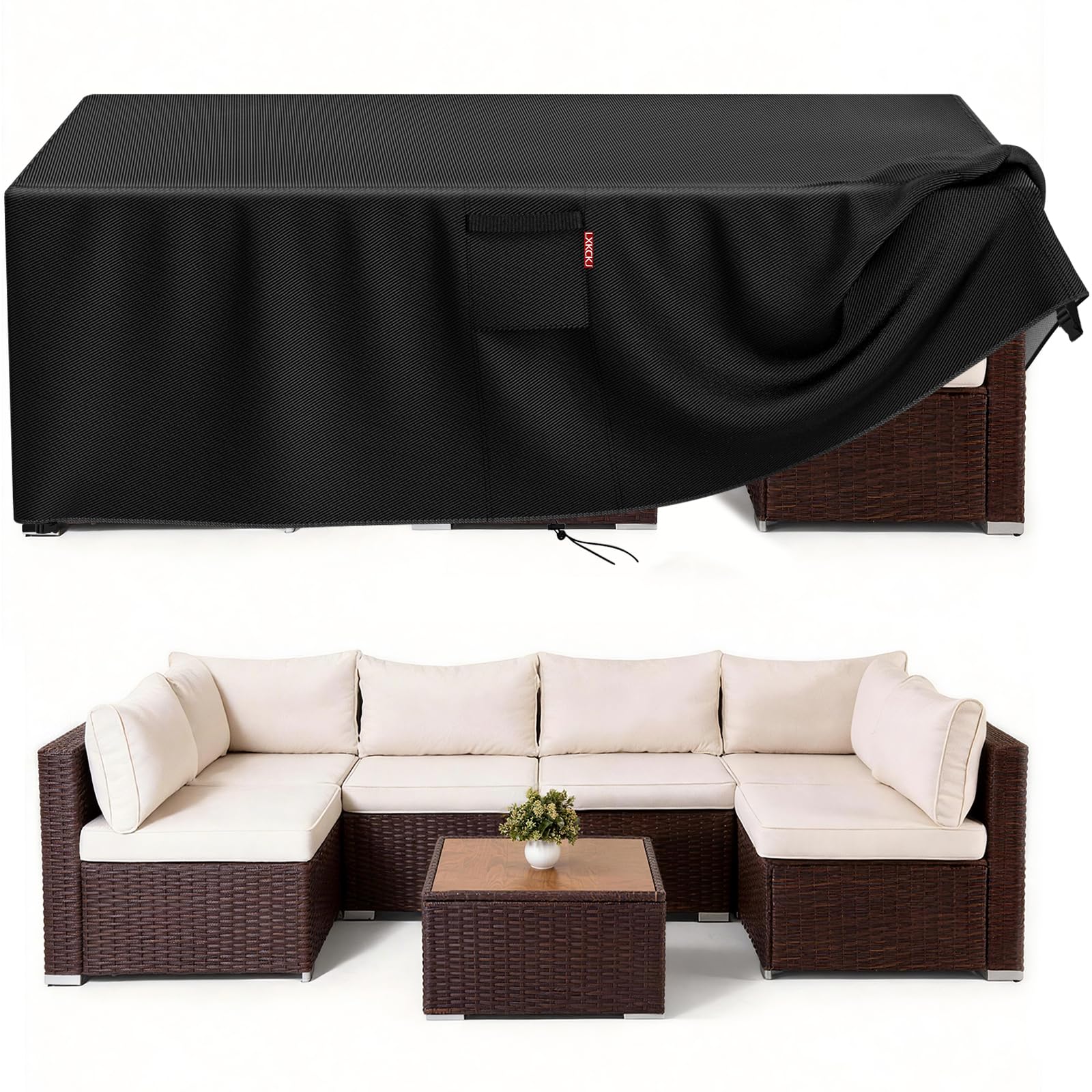 LXKCKJ Waterproof Outdoor Patio Furniture Cover UV and Dustproof Sofa Cover with Vents, Handles and Buckles (Black, 90"L x 64"W x 28"H) - 1