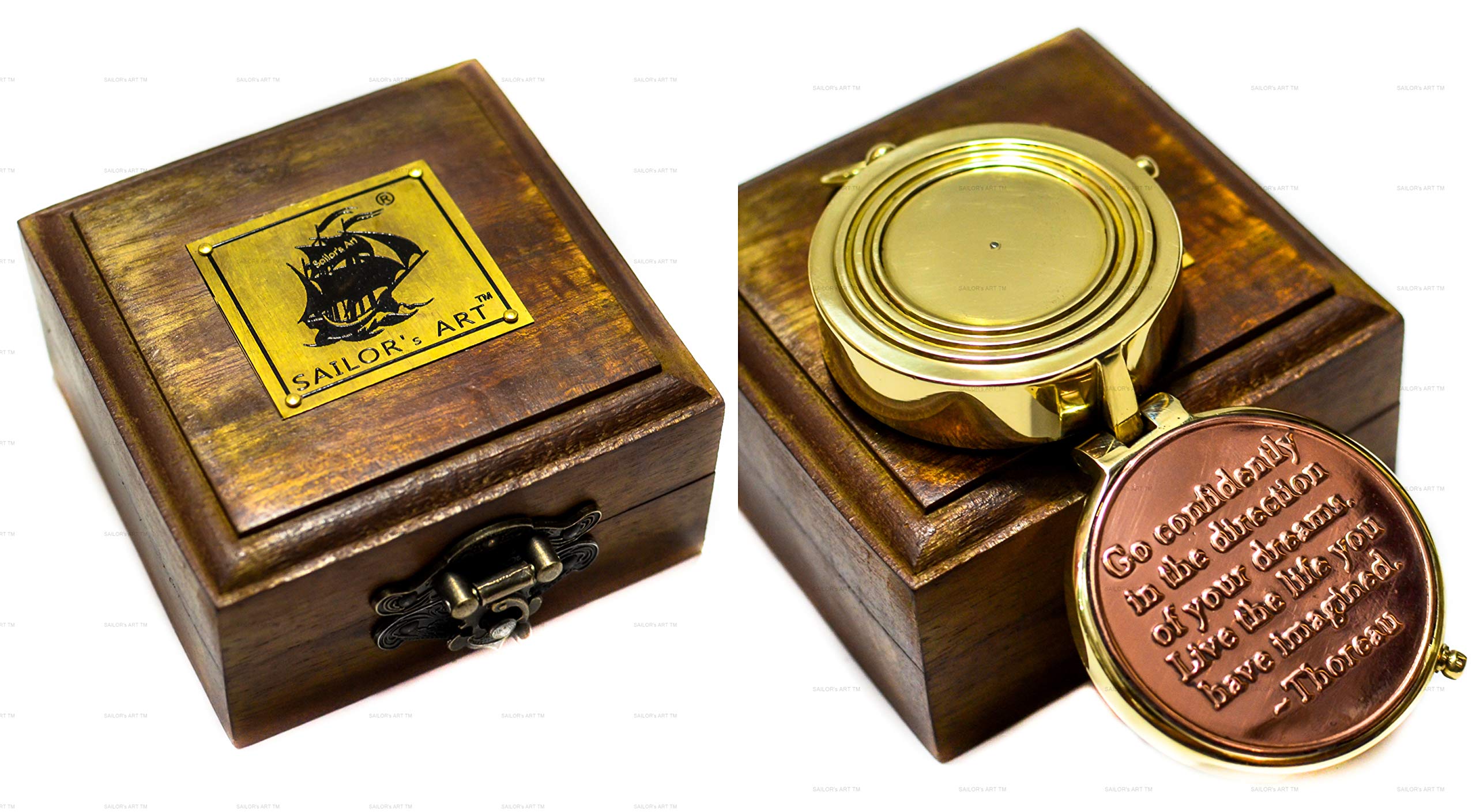 SAILOR'S ART Brújula de latón Antiguo con Caja de Madera de Sheesham, decoración Vintage Antigua para el hogar y Regalo, Estilo 17, Style 17