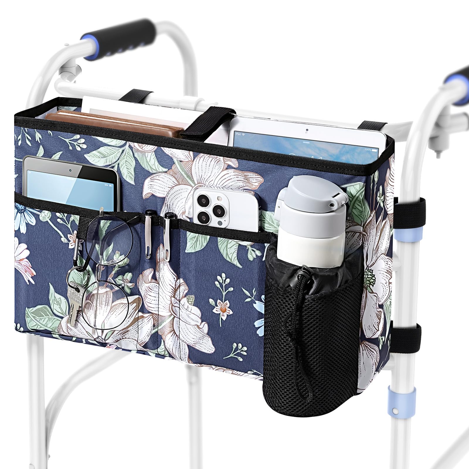 Rhino Valley D Blue Cosmos Walker Bag, Multi Pockets Folding Walker Basket Tote Bag With Cup Holder, Hand-Free Carry Pouch Storage Bag For Universal Walkers, Large Capacity Organizer For Seniors Elderly,Blue Cosmos