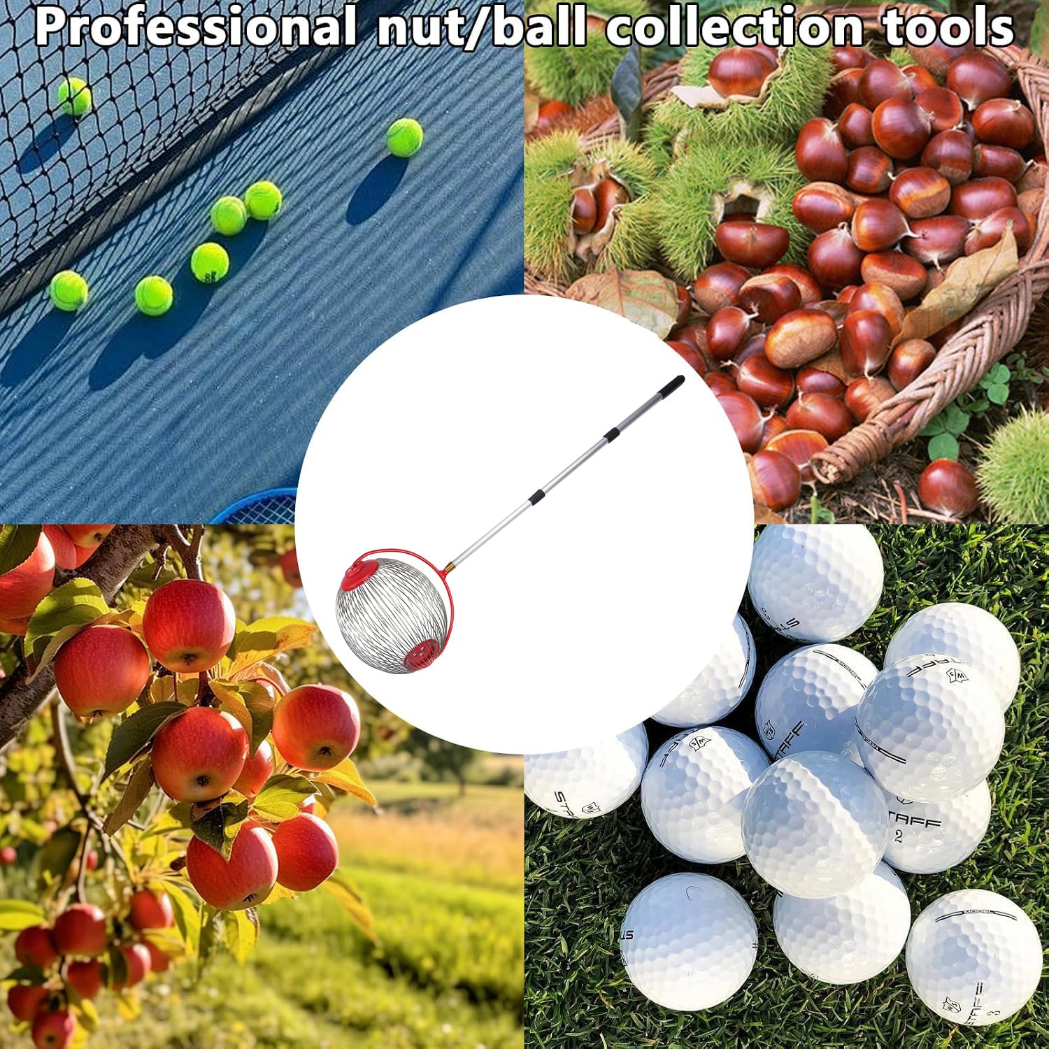 Recolector de bolas de acero ajustable para recolectar nueces, nueces, nueces, cangrejo, manzanas