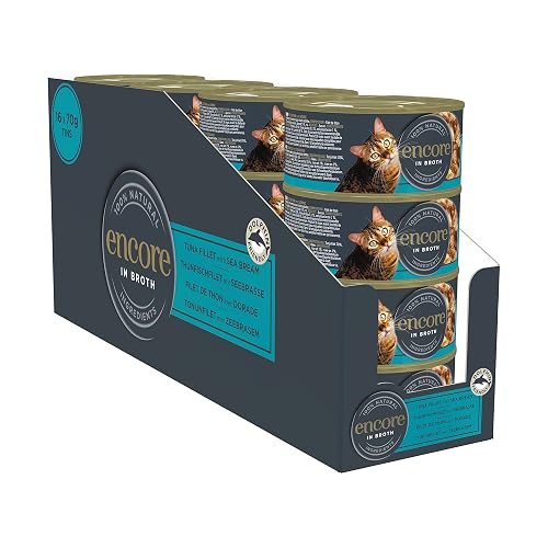 Encore 100% Natural Comida para Gatos, Atún con Besugo en Caldo, Paquete de 16 Latas de 70 g