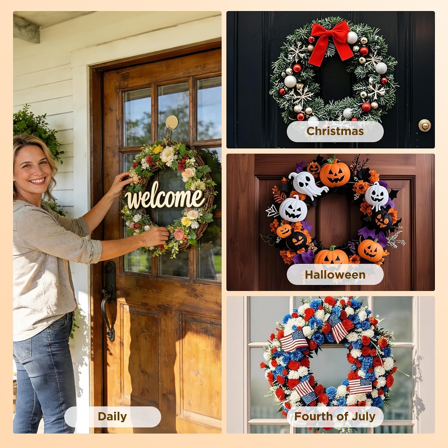 OUTXE Adhesive Wreath Hanger, Heavy Duty Reef Hook | for Front Door Glass Window, Christmas/Thanksgiving/Halloween/July 4th/Easter/Valentine/Fall/Summer/Spring (Gold, 4-Pack)