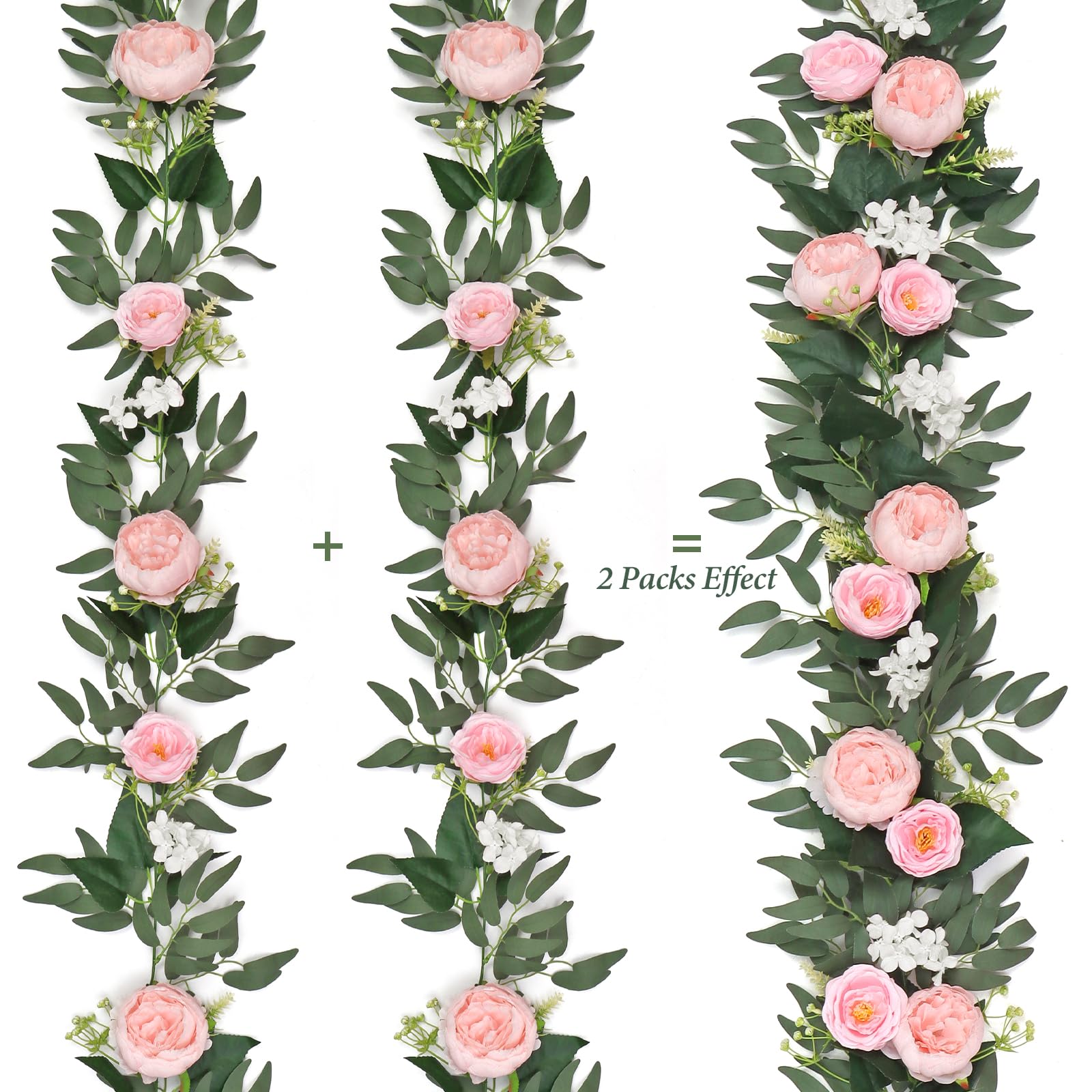Künstliche Blumen Girlande Eukalyptus Girlande Vintage Gefälschte Blume Pfingstrose Rosenrebe Grün Dekorative Wandbehangpflanze für Hochzeitsbogen Türanordnung Party (4 Girlande, Hellrosa)