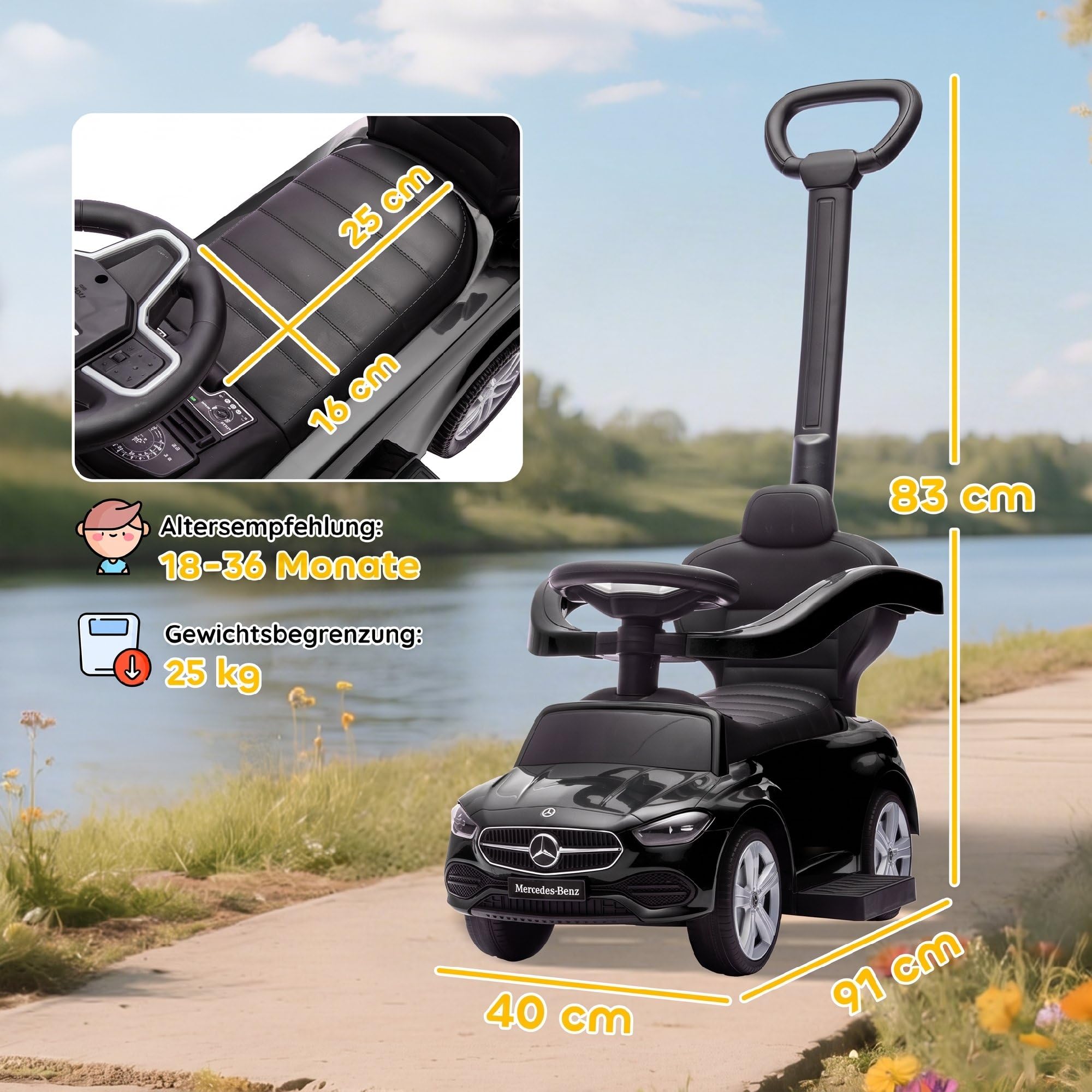 AIYAPLAY Auto jezdne z drążkiem 2-in-1 dzieci 1,5-3 lat Czarny