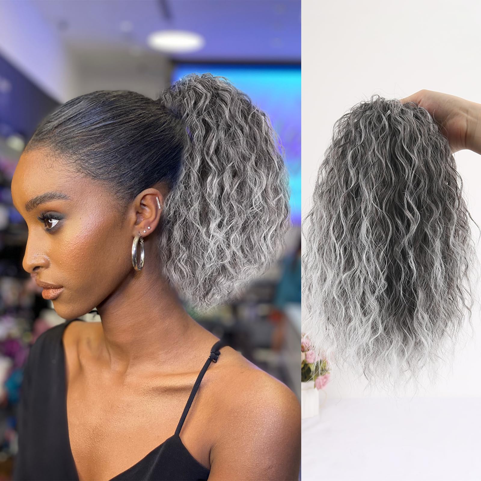 Short Gray Drawstring Ponytail Loose Curly Grey Hair Extensions Clip in Synthetic Hair Pieces for Black Women Fake Hair Buns Hair Piece for Women Updos Grey Mixed Black) 10 Inch #1B/GRAY