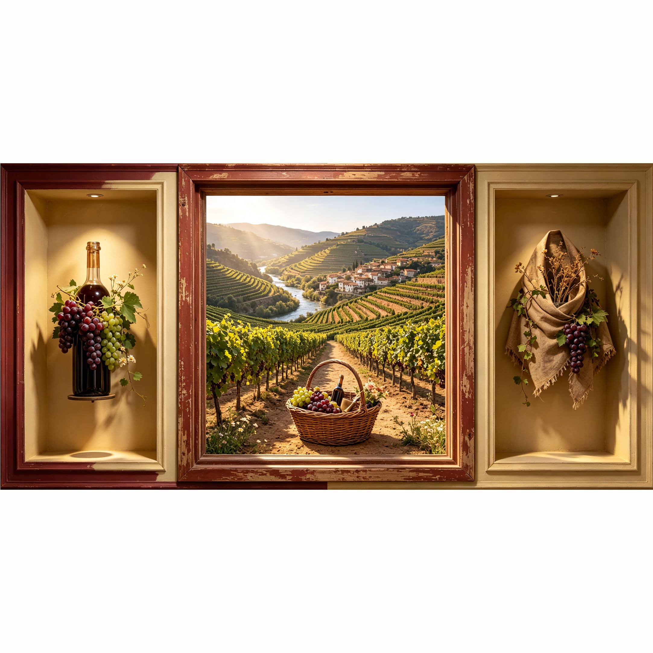 QZLITHOTIC 50x100cm 3D Framed Wall Art， Tuscany Vineyard Landscape Wine Bottle Grapes Self‑Adhesive Mural， Water‑Activated Peel & Stick Fabric Decor Wall Decal for Bedroom Living Room