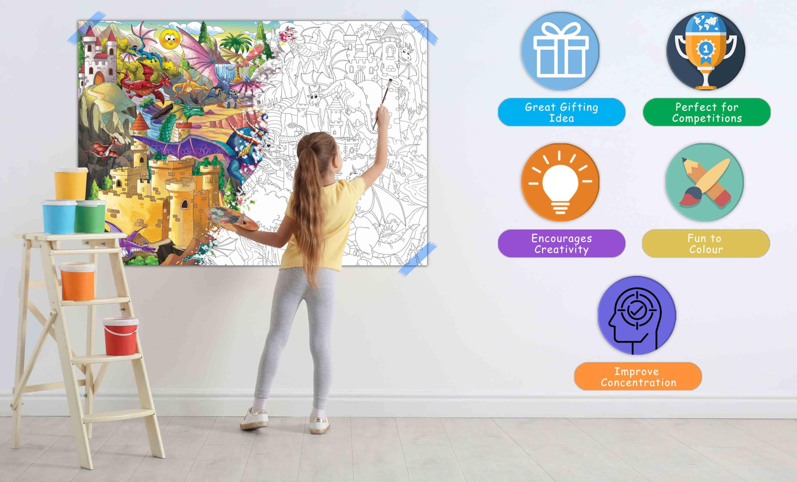 Fairy Land Adventures and Giant Dragon Colouring Poster | Combo of 1 Activity mat with Pen and 1 Colouring Poster 3