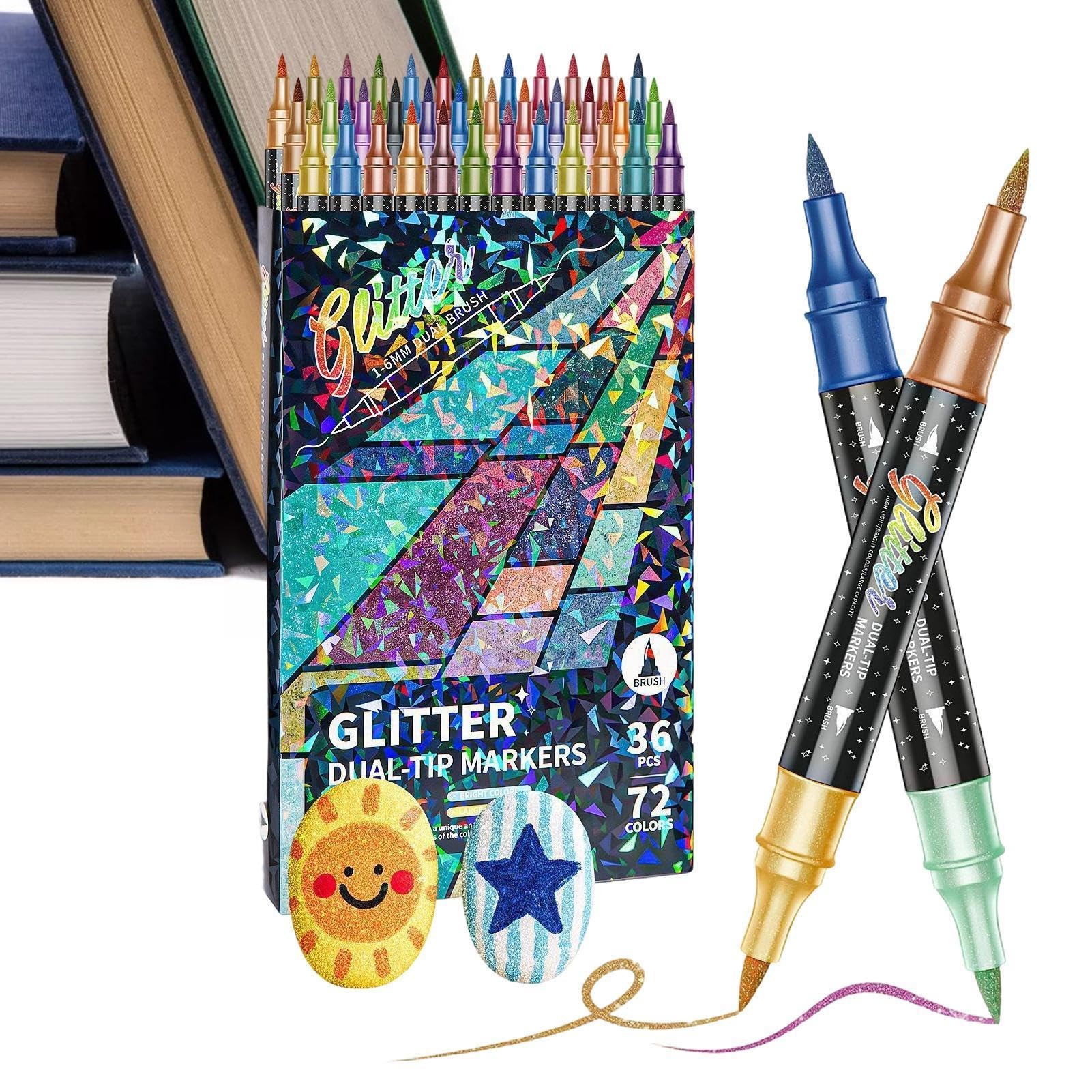 Penne glitterate – Confezione da 48 (14,8 x 1,2 Cm) Inchiostro a base d'acqua | Pennarelli a doppia punta, forniture artigianali per libri da colorare, scrapbooking, biglietti di auguri e biglietti di