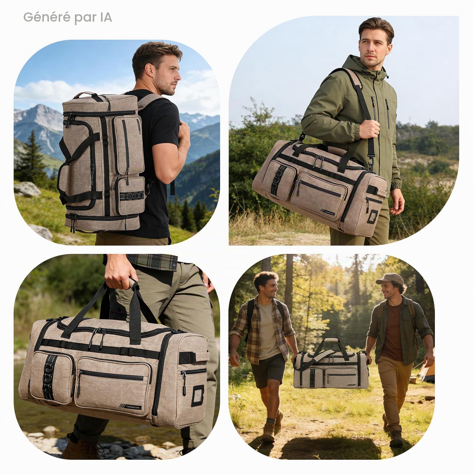 Sac de Sport Homme Femme 50L Sac de Voyage avec Compartiments Chaussures, Compartiment Isotherme et Humide Convertible en Sac à Dos pour Fitness Natation Voyages Weekender Camping (Marron)