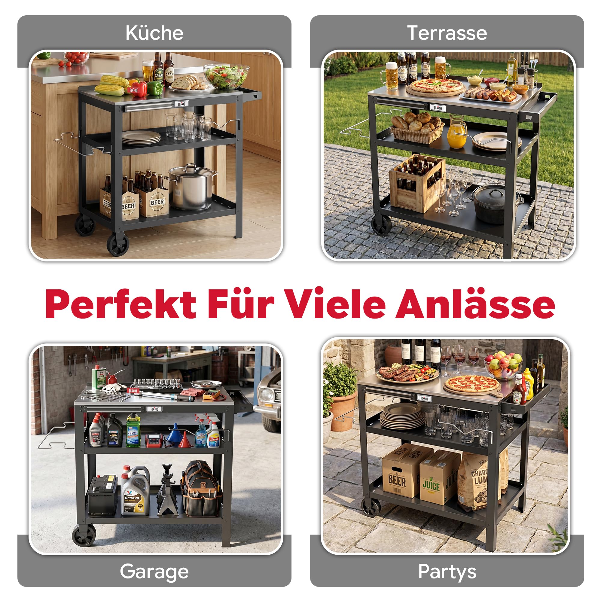 Feasto Grillwagen Outdoor Grilltisch Outdoor Servierwagen Pizzatisch | 90x46x82,5 cm Outdoor Grill Trolley mit Edelstahlplatte, Gewürzregal, Magnetleiste, für Hinterhof, Garten, Terrasse
