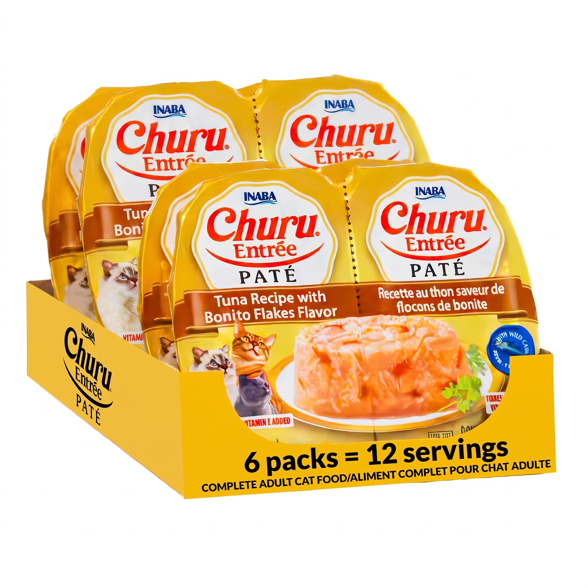 INABA Churu Entrée Pate for Cats, Grain-Free, High Protein &amp; Moisture, Prebiotic Wet Cat Food, 1.23oz. per Serving, 12 Servings, Tuna Recipe with Bonito Flakes (Pack of 2)