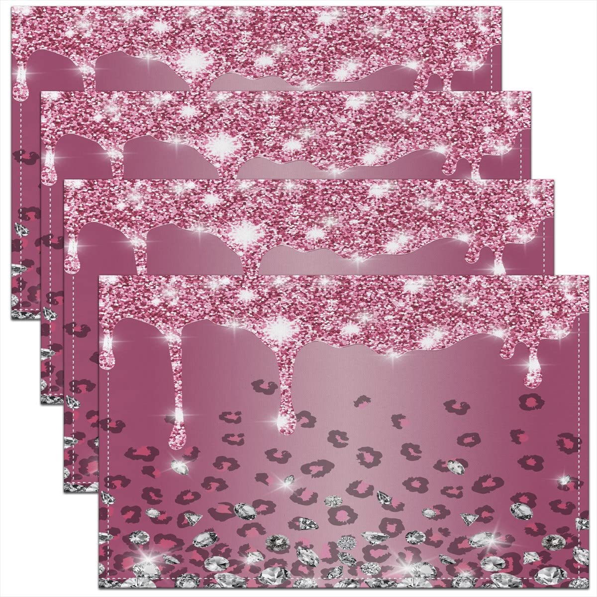 Homemissing Multicoloured 26 45X30cm Glitter Diamond Leopard Table Place Mats, Pink Silver Shiny Animals Placemats Set Of 4 Luxury Colorful Bling Placemat For Kitchen Dining Table Indoor Outdoor