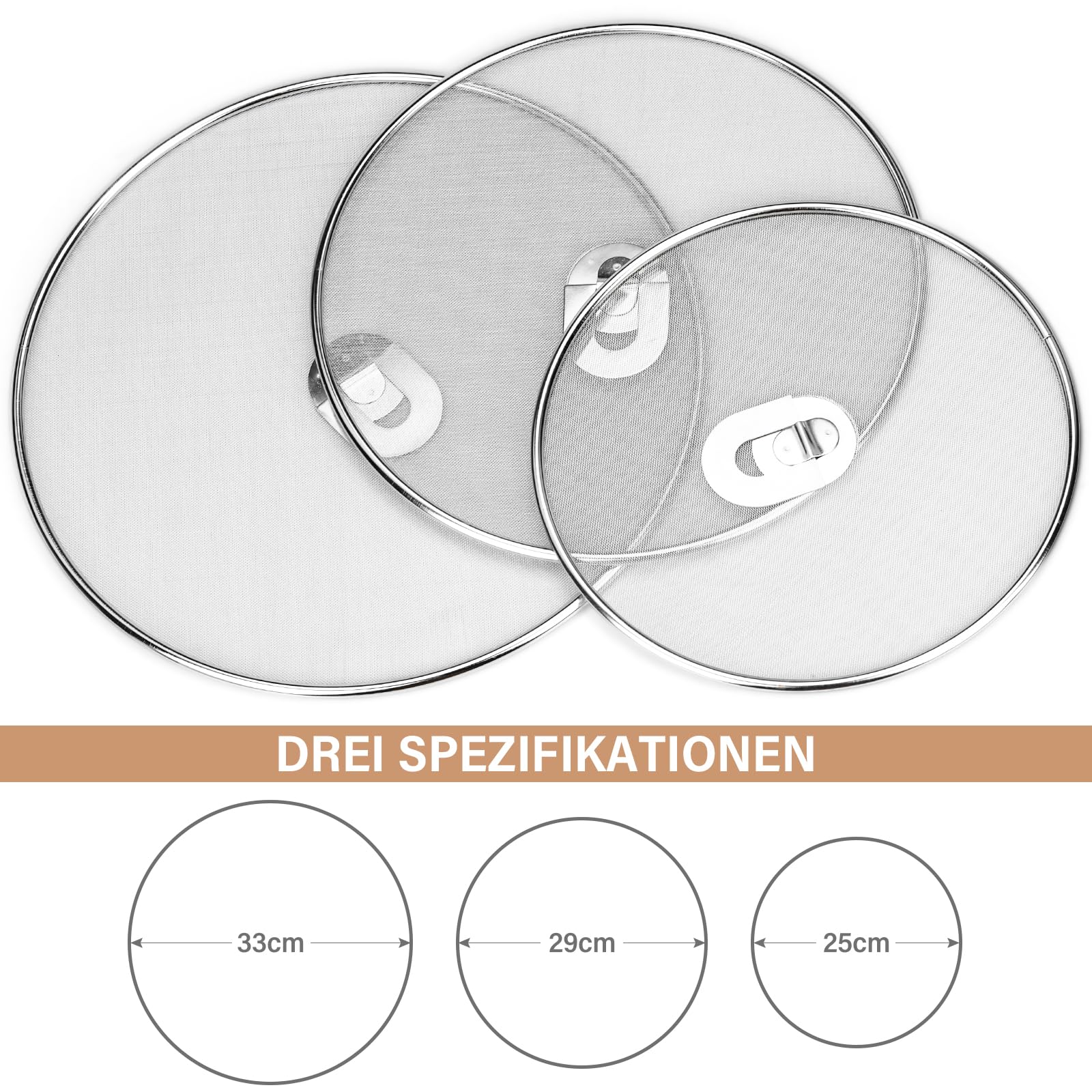 3 stuks spatbescherming, spatbescherming keuken 19 cm 25 cm 29 cm met handgreep, spatbescherming van roestvrij staal voor keuken, pan en fornuis