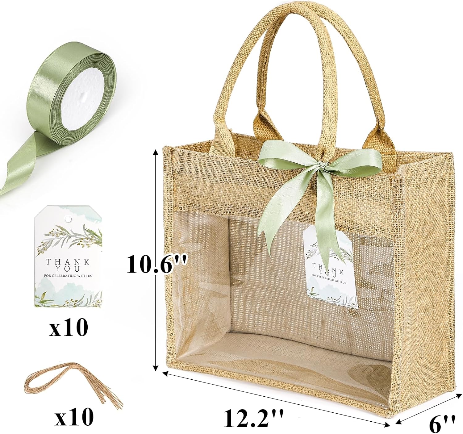Tebery 8 Pack Wedding Burlap Bags, Large Bridesmaid Gift Bags with Clear Window and Ribbon, Reusable Waterproof Bachelorette Bag for Bridal Welcome Shower Party, Travel, Shopping