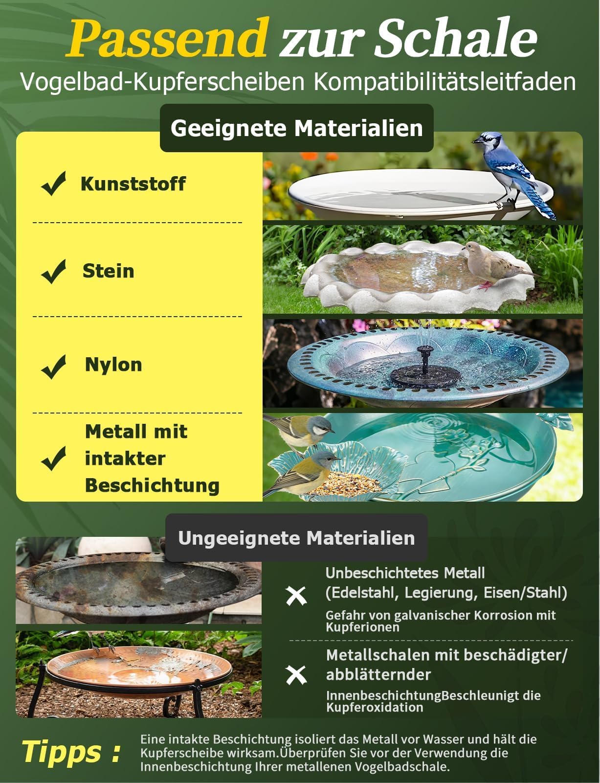 Mellbree Limpiador de baño para pájaros, placa de cobre, 14 días de agua clara, 99,99% cobre puro, purificación de agua segura, para baño de pájaros y fuentes (2 unidades)