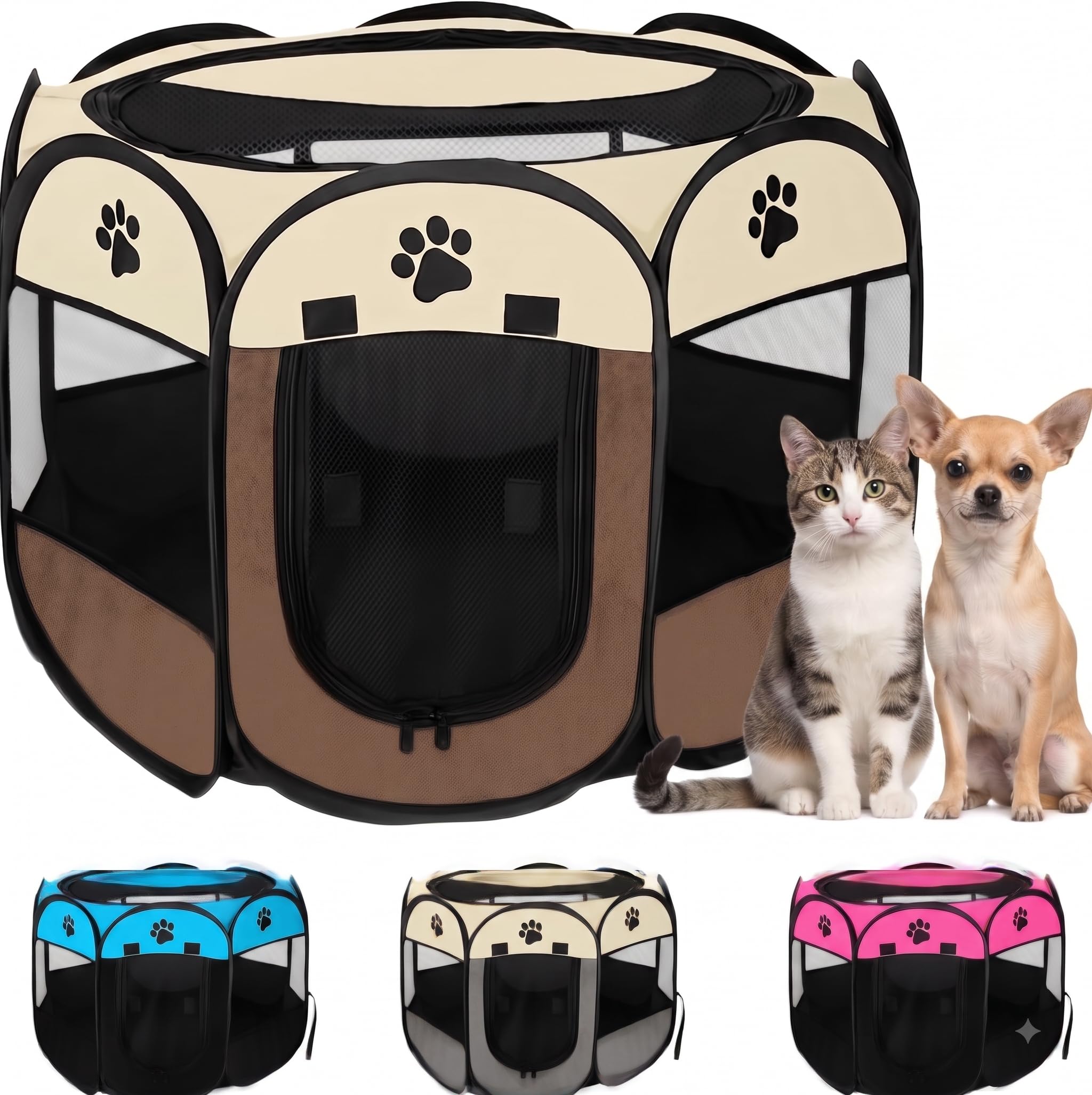 JUPPLIES Folding Dog Playpen 73 x 73 x 43 cm – Portable Waterproof Oxford Fabric for Small Pets – Ideal for Travel, Games or Rest at Home and Outdoor – Brown