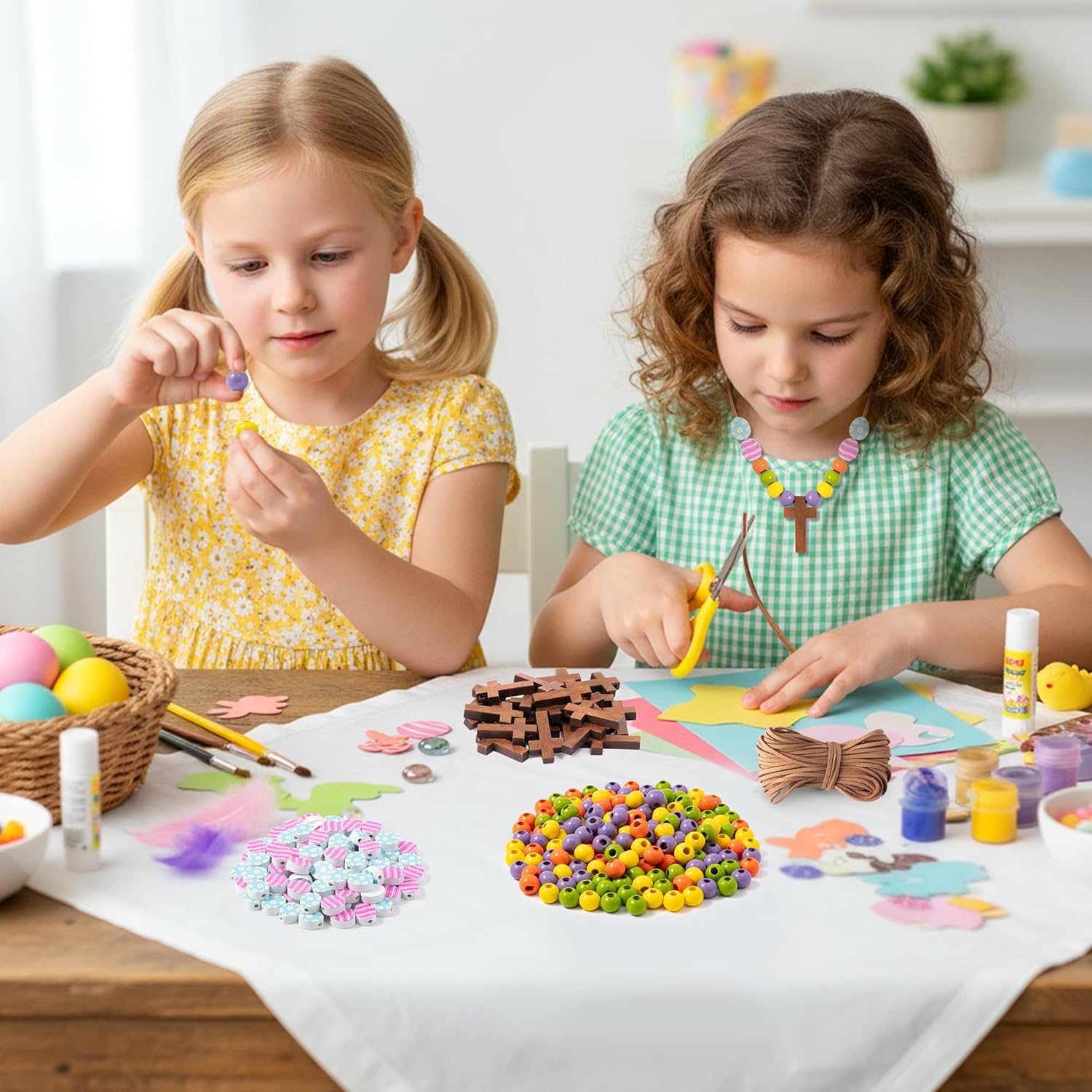 BeYumi Easter Cross Necklace Craft - 24Pcs Easter Christian Wooden Cross Eggs Beads Necklace Craft Kit for Kids DIY Gift Religious Jesus Eggs Decor Sunday School Classroom Church Party Fun Activities